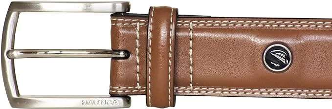 Nautica Men's Bold Fashion and Dress Double Stitch Leather Belt with Metal Buckle