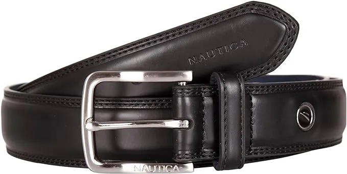 Nautica Men's Bold Fashion and Dress Double Stitch Leather Belt with Metal Buckle