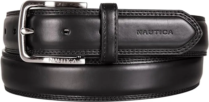 Nautica Men's Bold Fashion and Dress Double Stitch Leather Belt with Metal Buckle