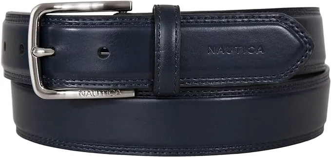 Nautica Men's Bold Fashion and Dress Double Stitch Leather Belt with Metal Buckle