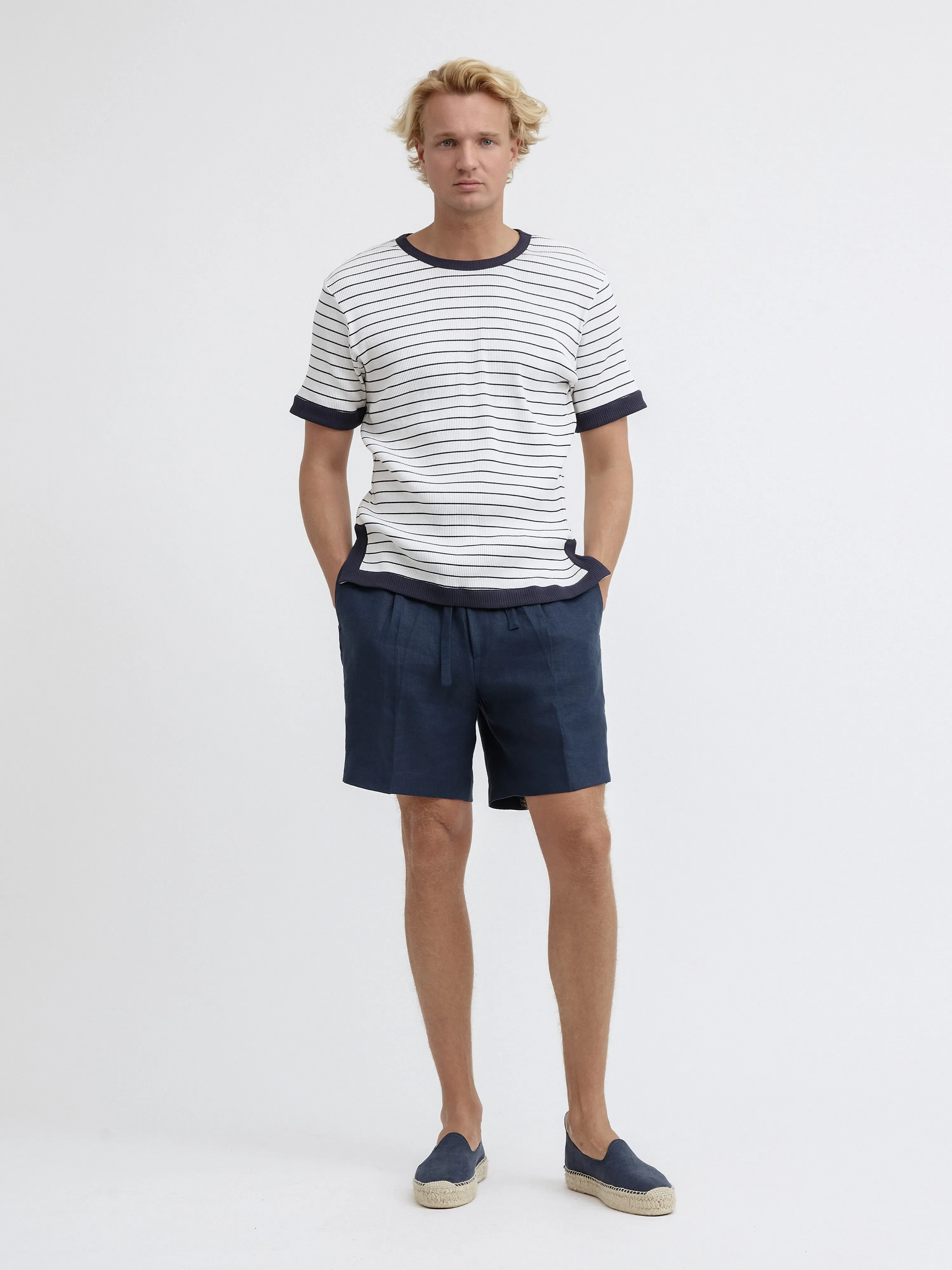 Navy White Piped Cotton T-Shirt