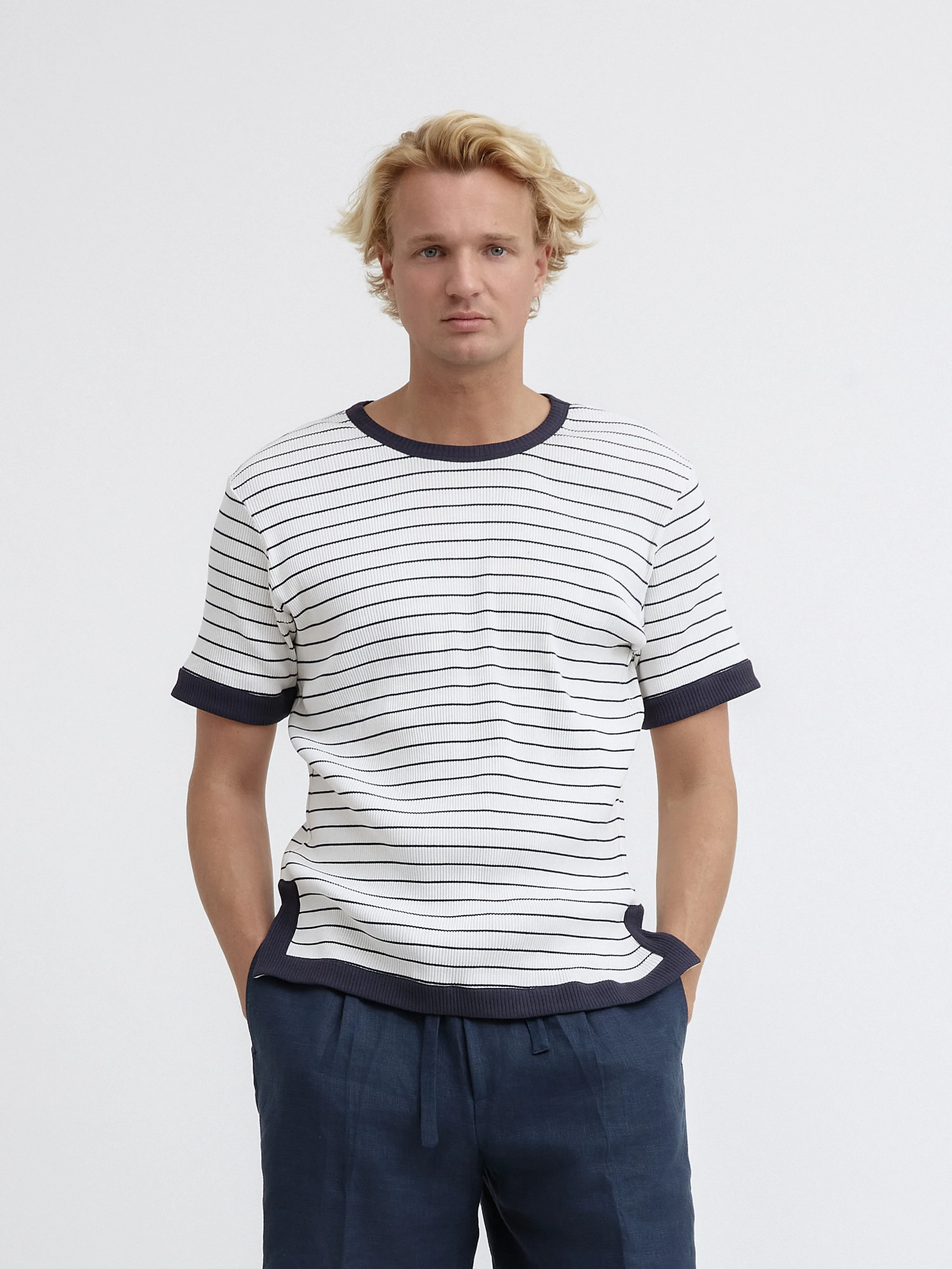 Navy White Piped Cotton T-Shirt