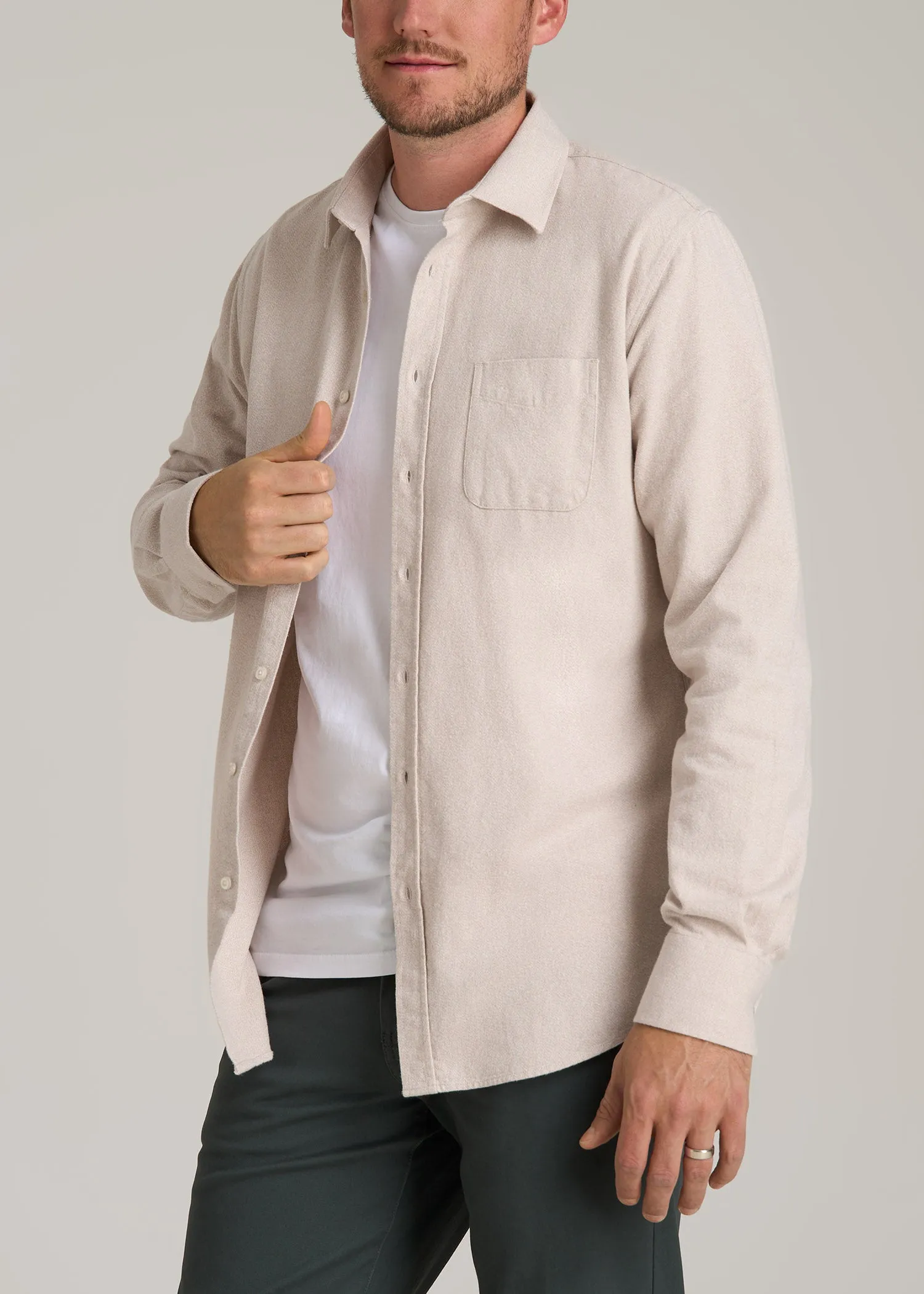 Nelson Flannel Shirt for Tall Men in Light Beige Dobby