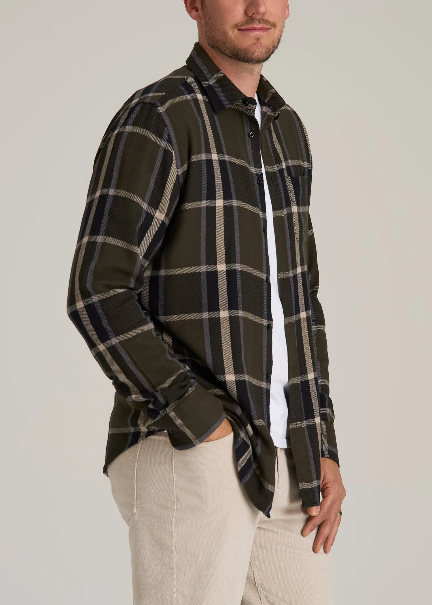 Nelson Flannel Shirt for Tall Men in Olive Plaid