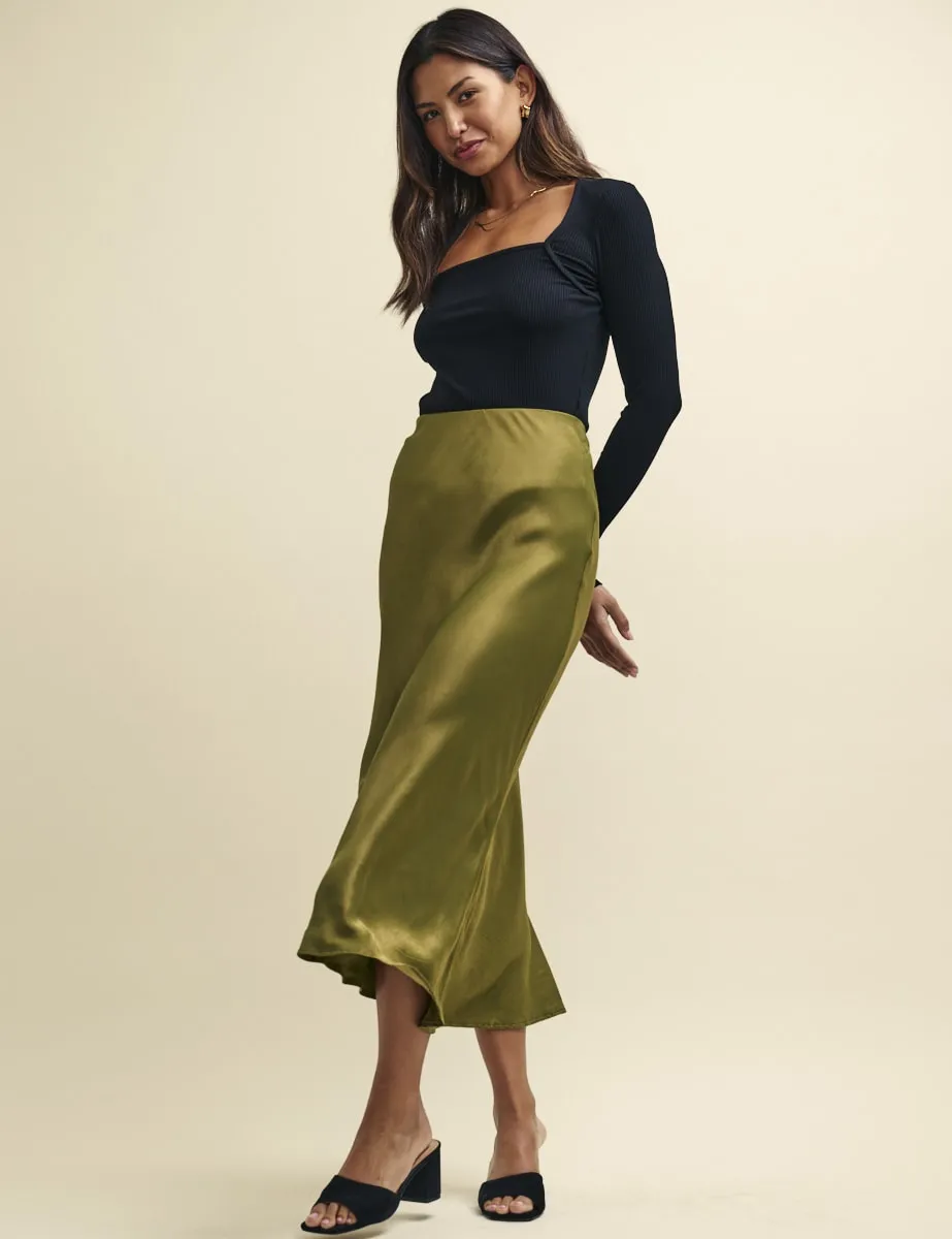 Olive Green Mila Satin Slip Midi Skirt