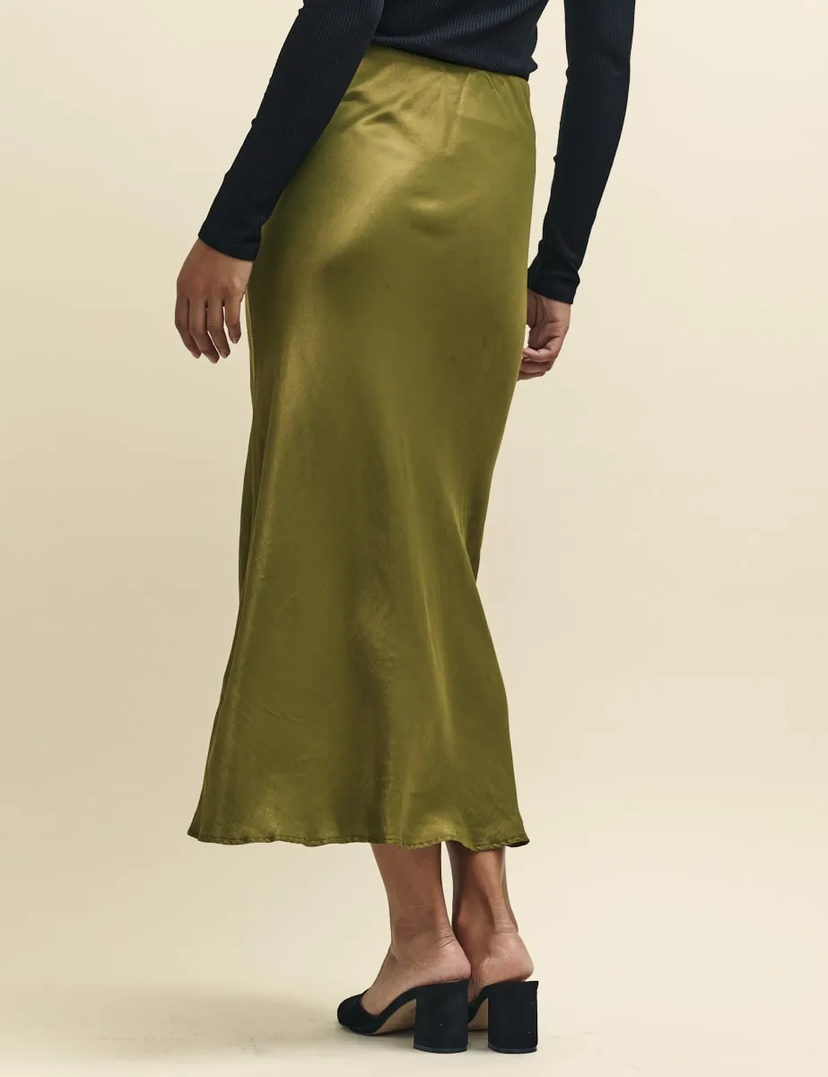 Olive Green Mila Satin Slip Midi Skirt