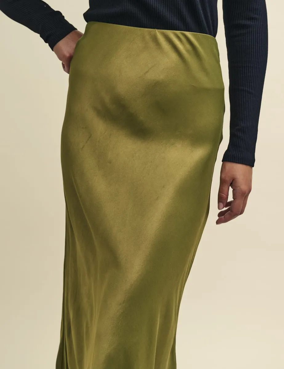 Olive Green Mila Satin Slip Midi Skirt