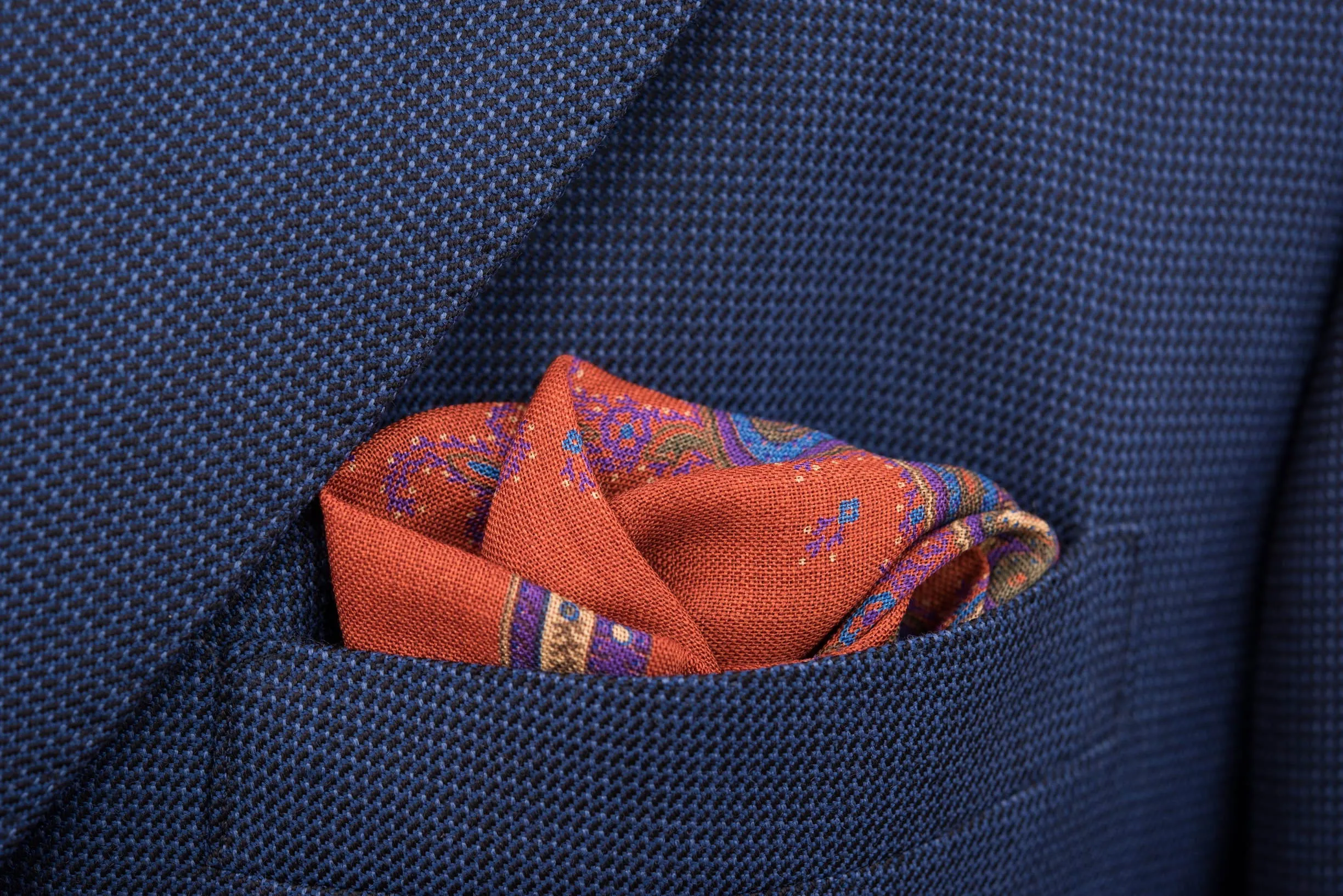 Orange Medallion Silk Wool Pocket Square