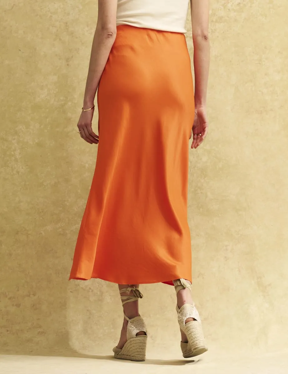 Orange Satin Slip Mila Midi Skirt