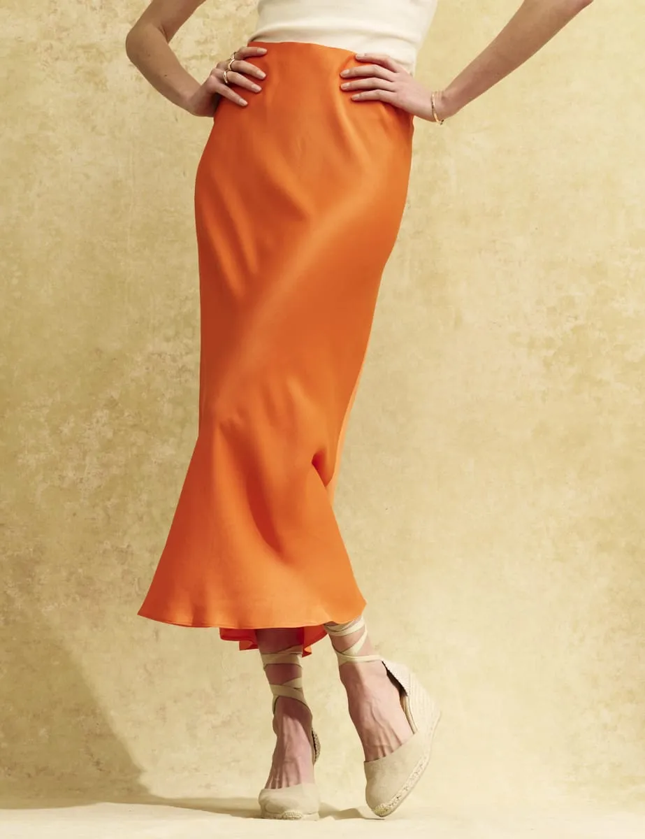 Orange Satin Slip Mila Midi Skirt