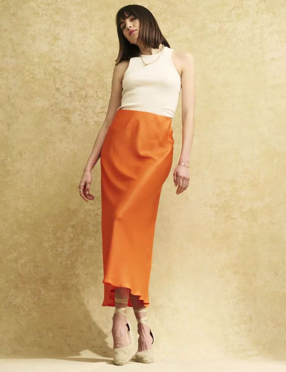 Orange Satin Slip Mila Midi Skirt