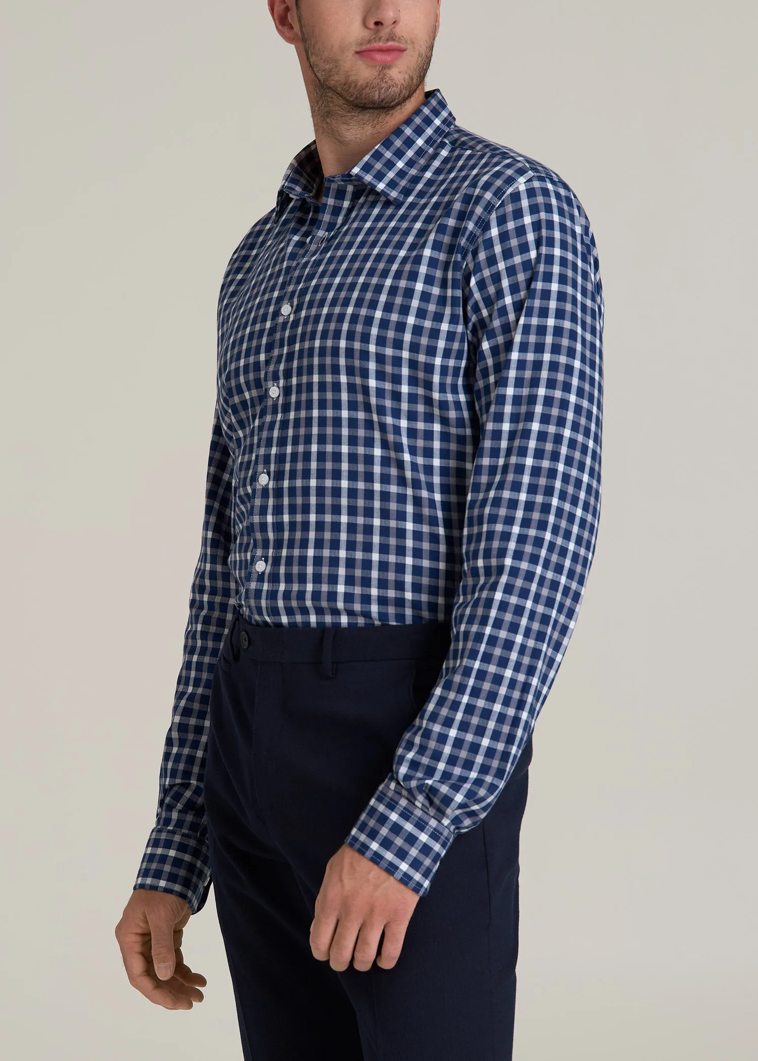 Oskar Button-Up Dress Shirt for Tall Men in Navy and Grey Grid