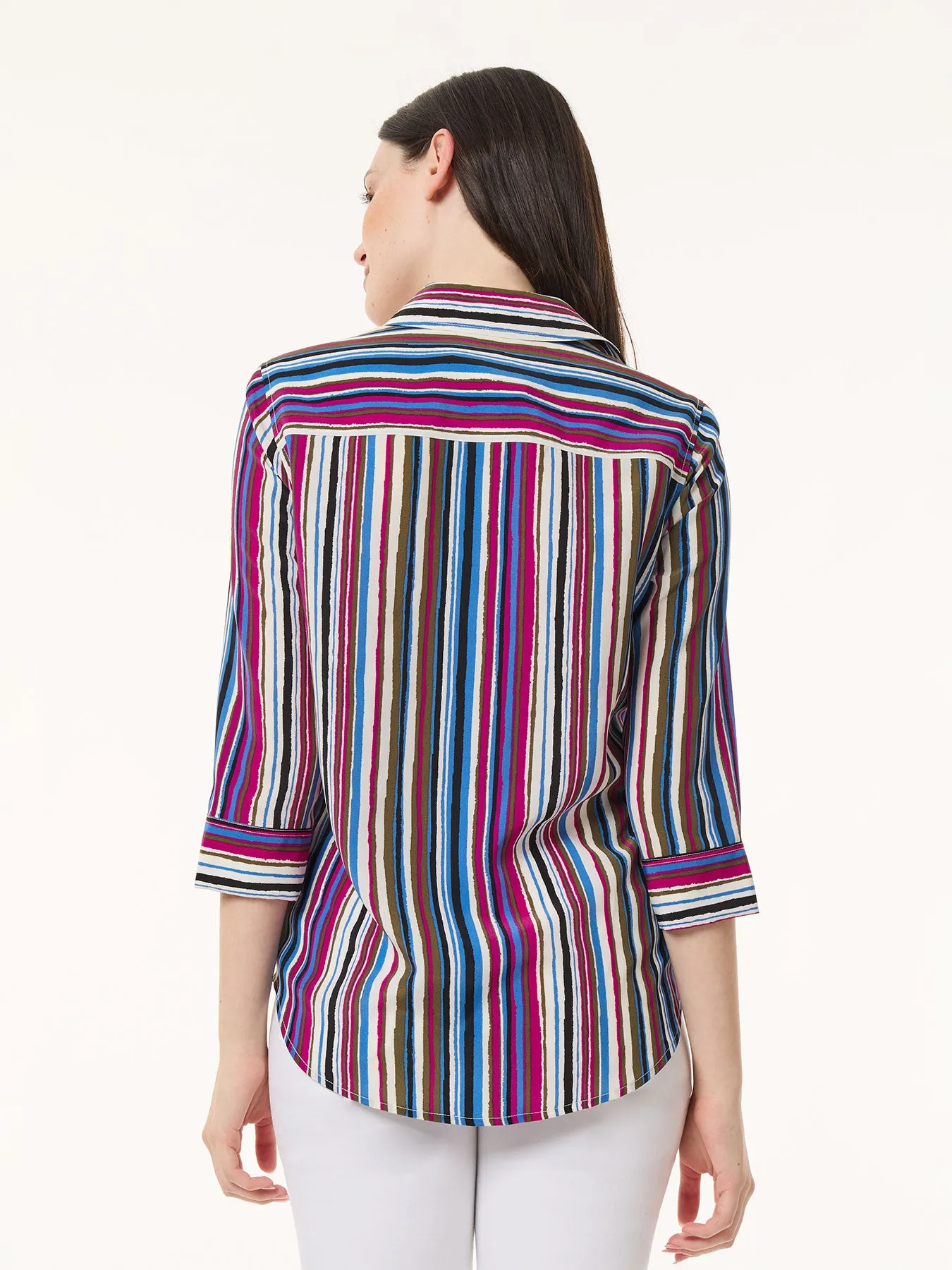 Petite Striped Button Front Collared Shirt, Crepe de Chine