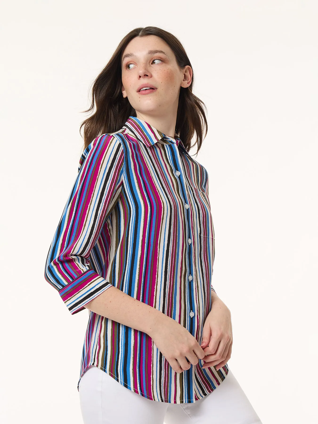 Petite Striped Button Front Collared Shirt, Crepe de Chine