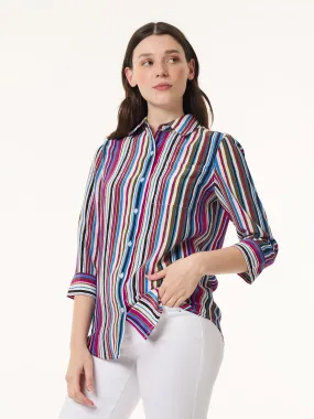 Petite Striped Button Front Collared Shirt, Crepe de Chine