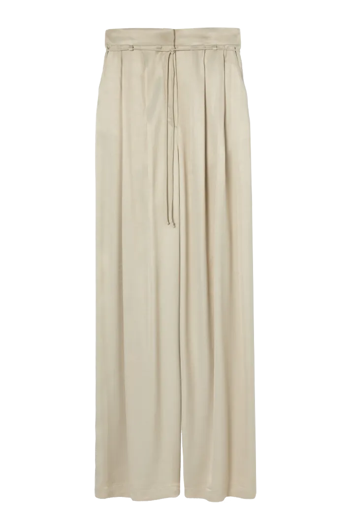 Pleated Satin Wide Leg Pants | Beige