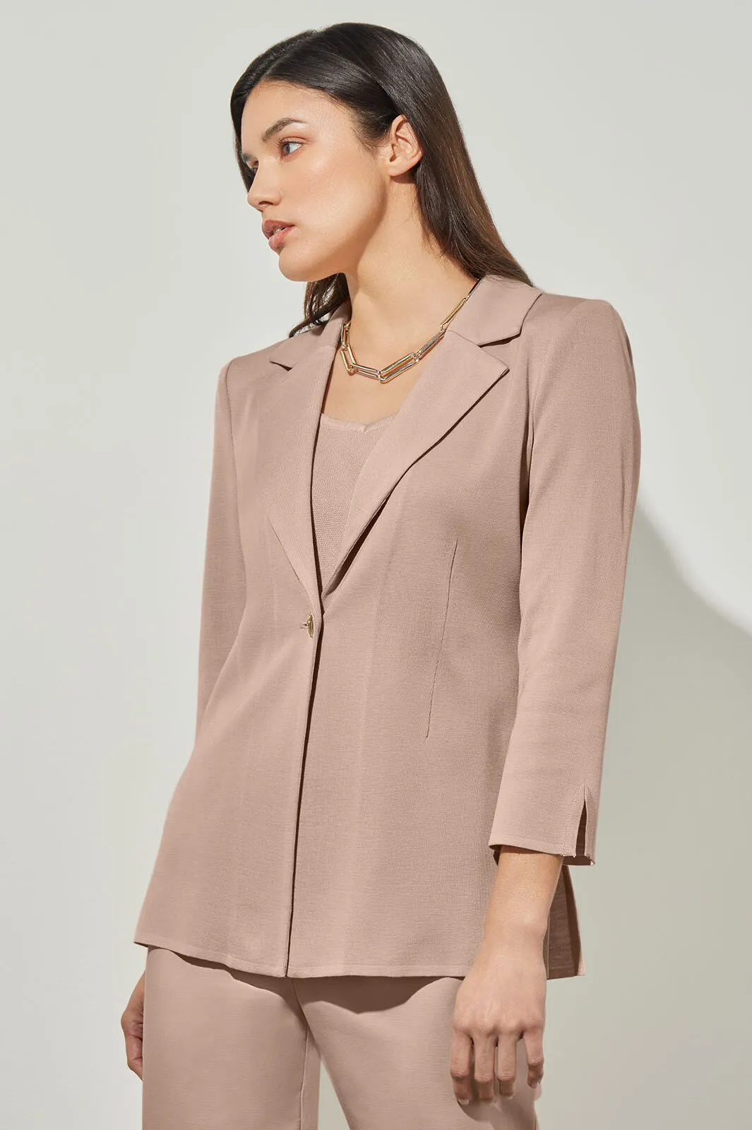 Plus Size Single-Button Jacket - Lapel Collar Knit, Java