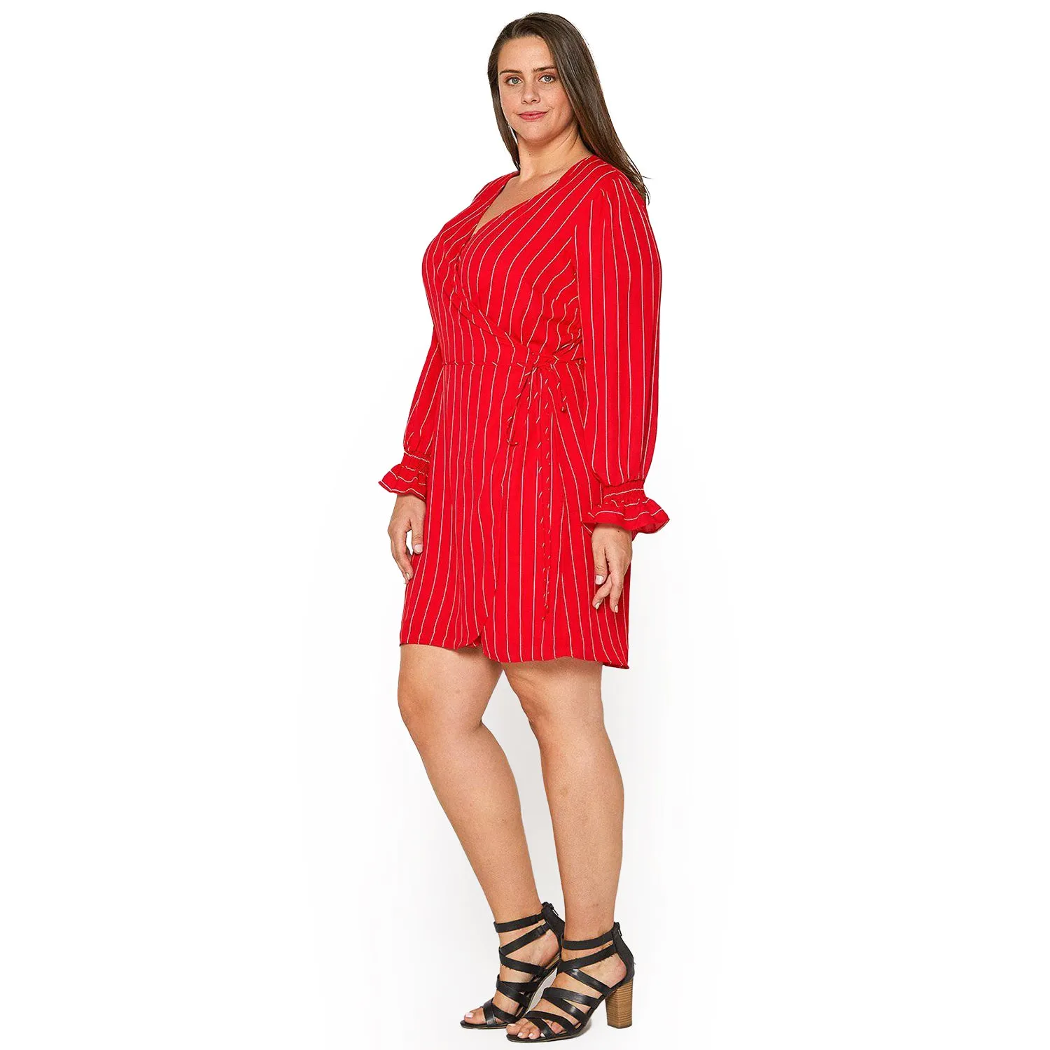 Plus Size Smocked Bell Sleeve Wrap Dress in Red