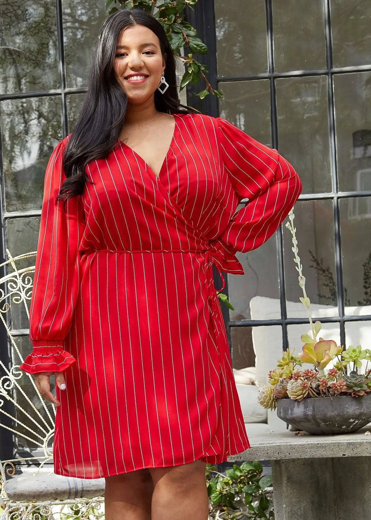 Plus Size Smocked Bell Sleeve Wrap Dress in Red