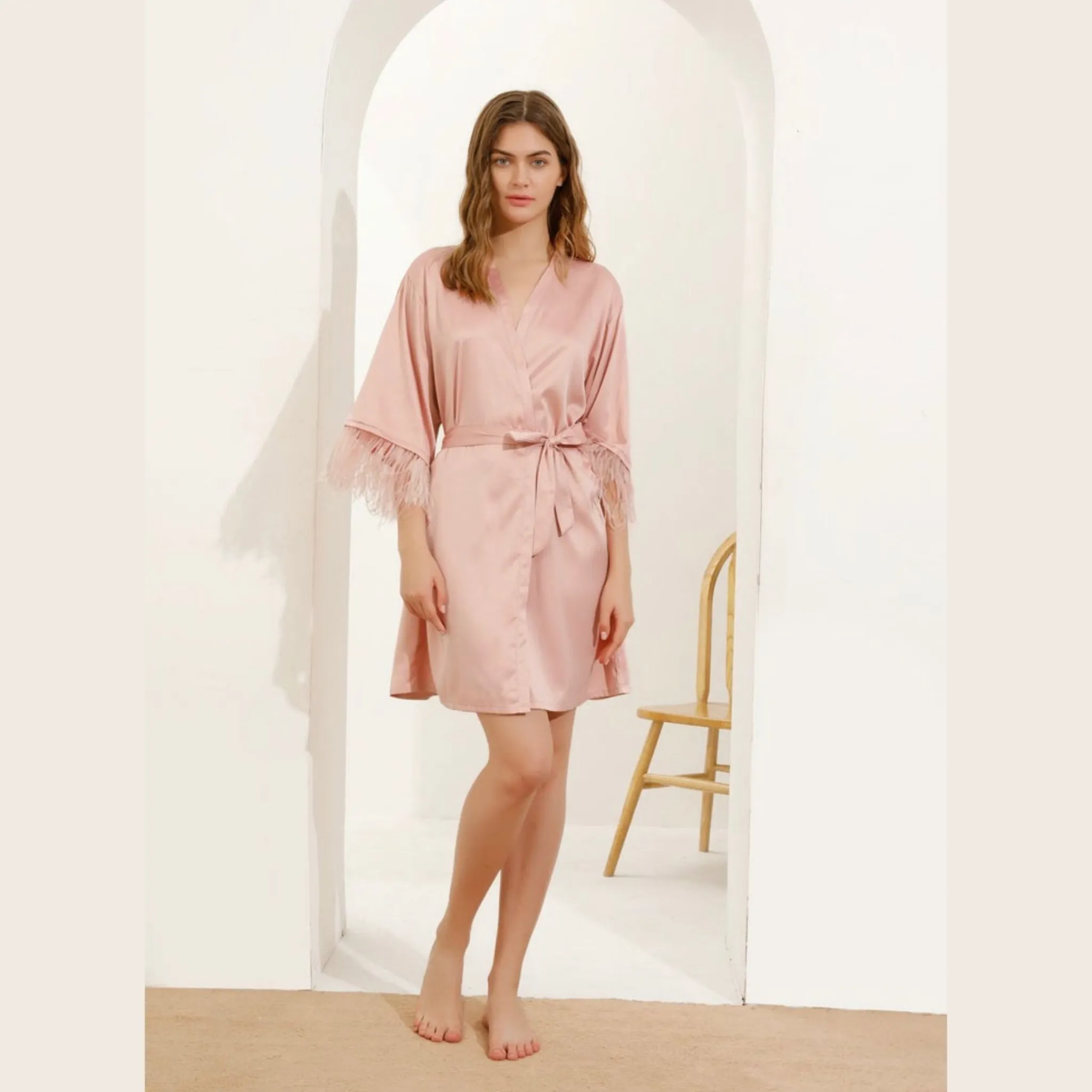 Satin Cami Pyjamas & Feather Robe Set - Rose Pink