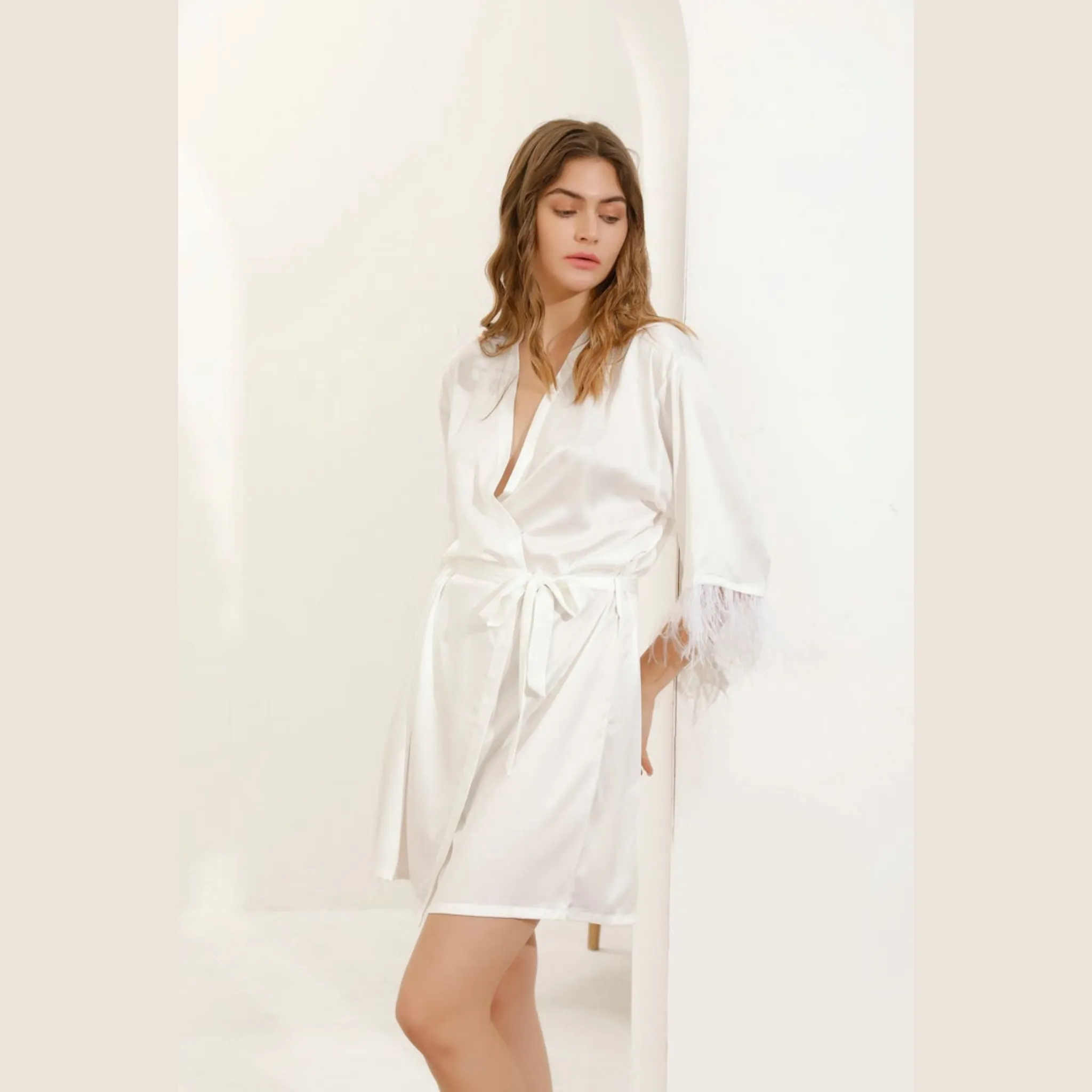 Satin Cami Pyjamas & Feather Robe Set - White