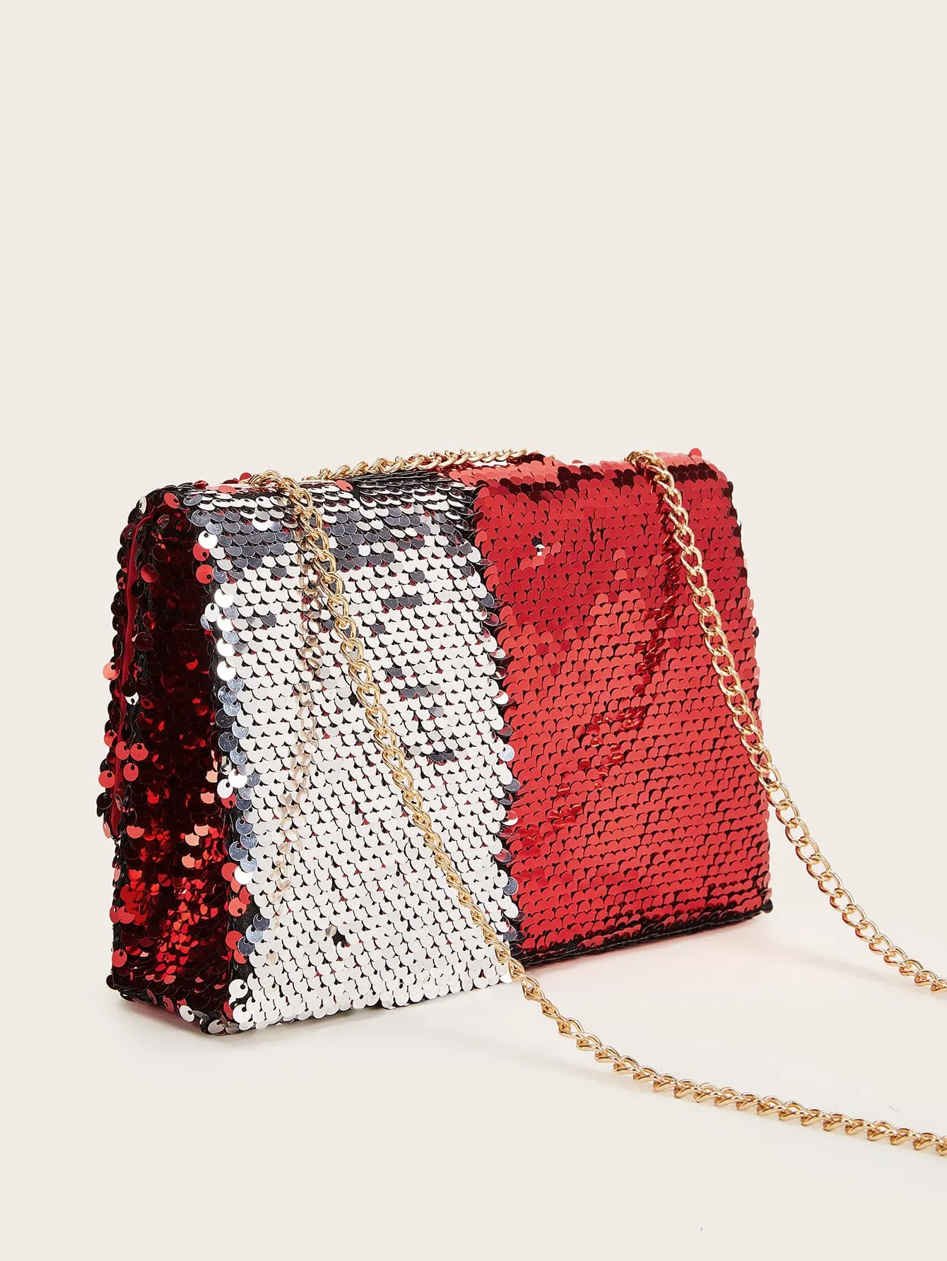 Sequin Decor Twist Lock Flap Chain Crossbody Bag