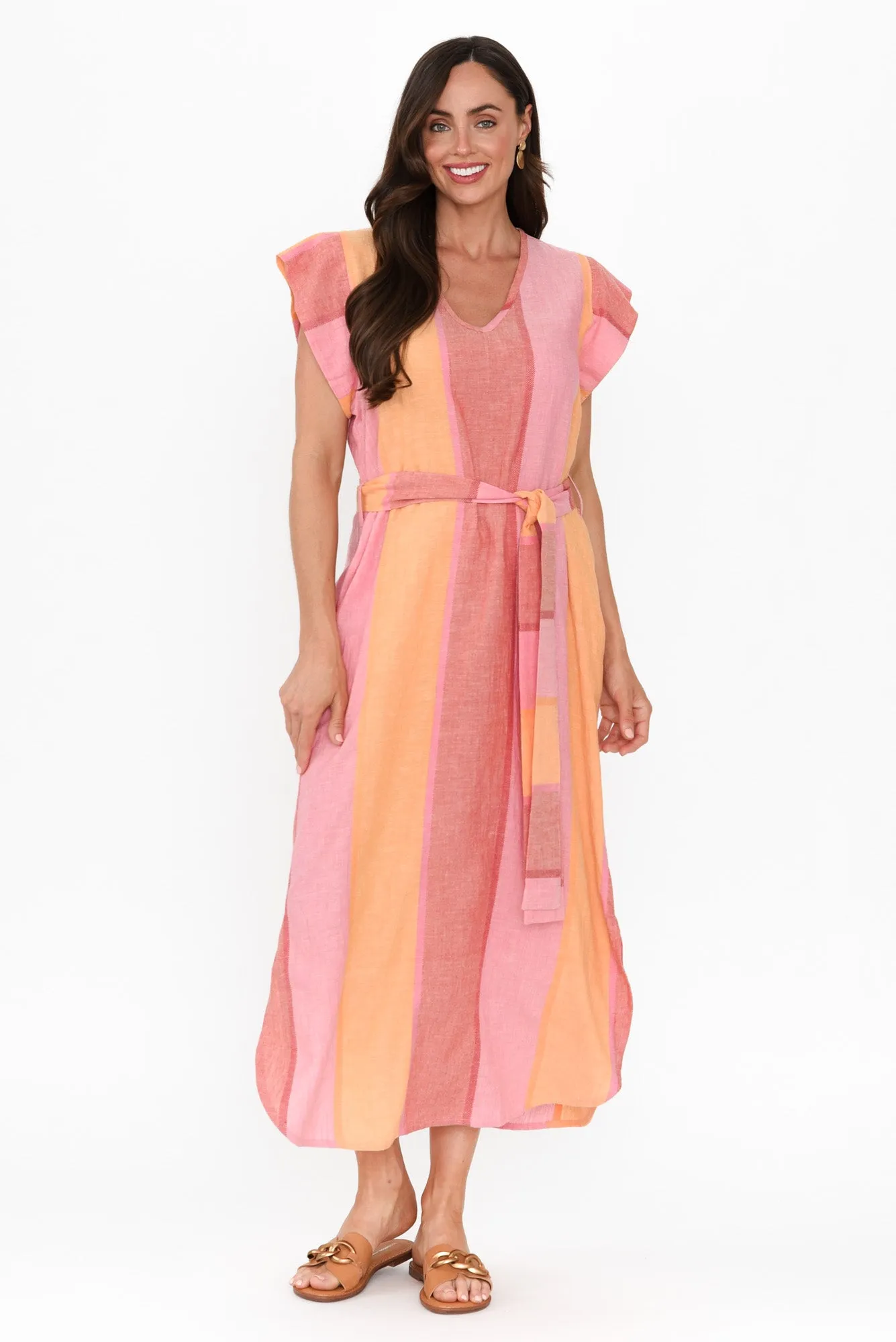 Serendipity Pink Stripe Linen Blend Tie Dress