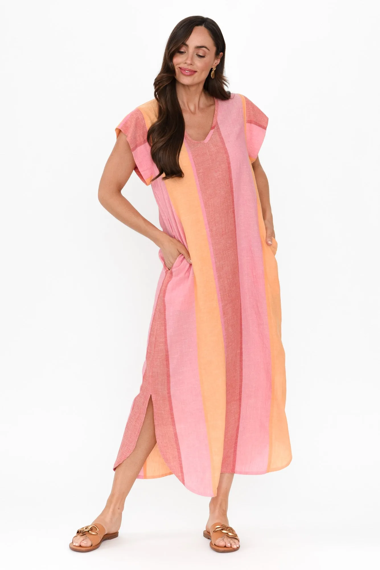 Serendipity Pink Stripe Linen Blend Tie Dress