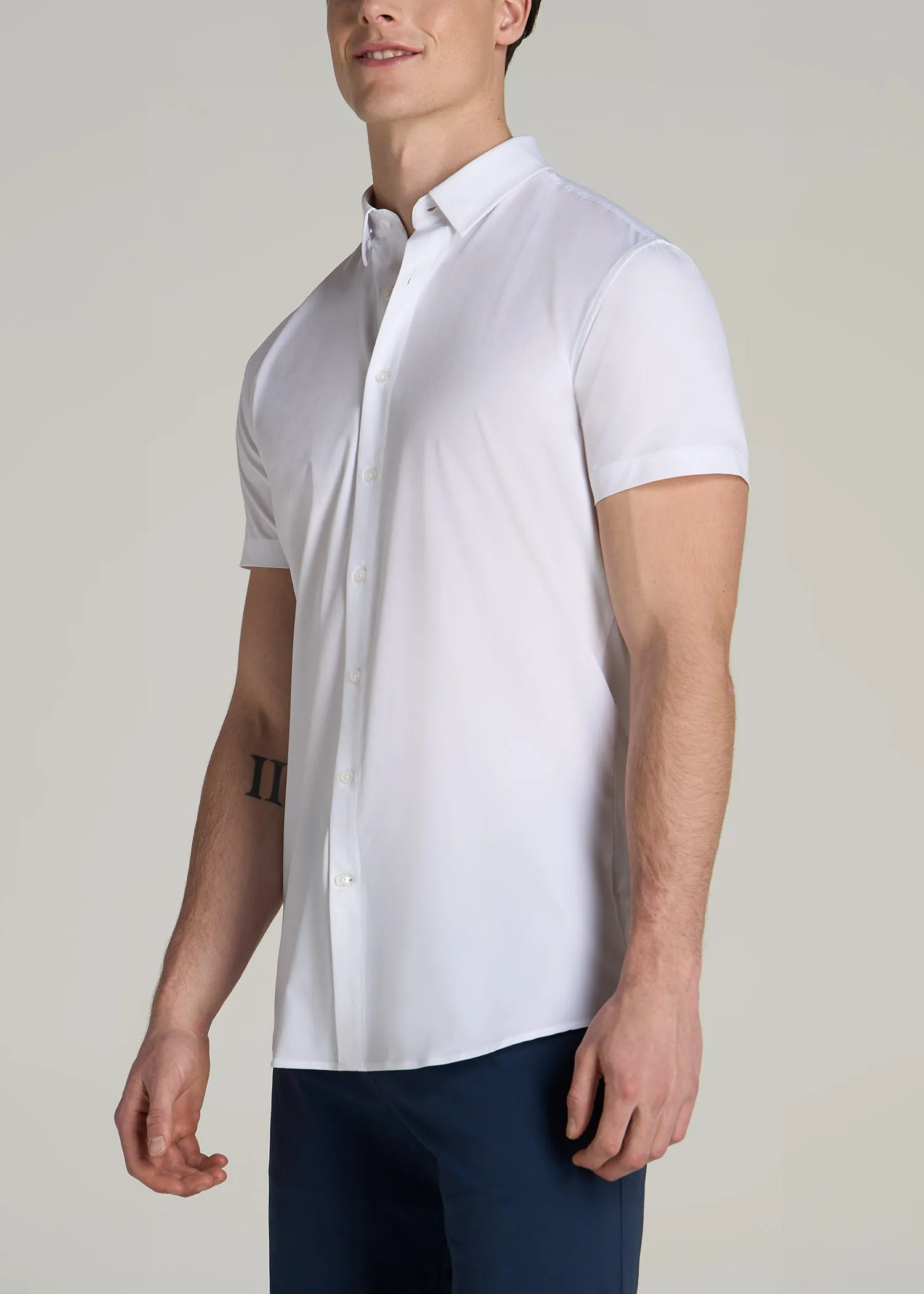 Short Sleeve Traveler Stretch Button Shirt for Tall Men in Bright White