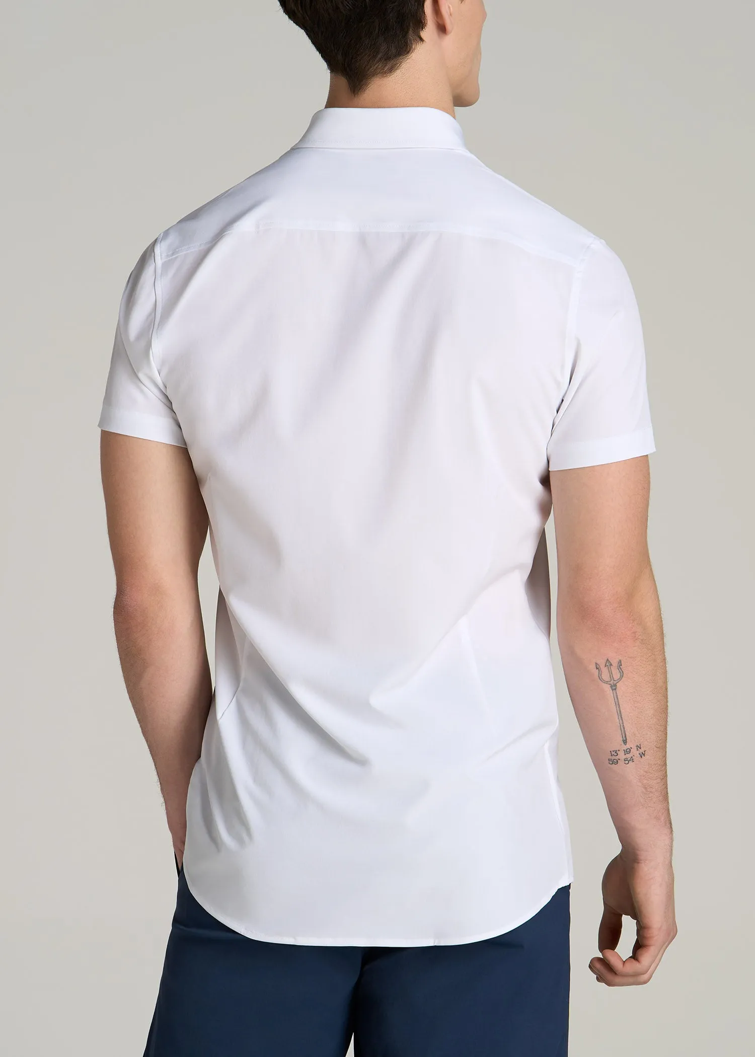 Short Sleeve Traveler Stretch Button Shirt for Tall Men in Bright White