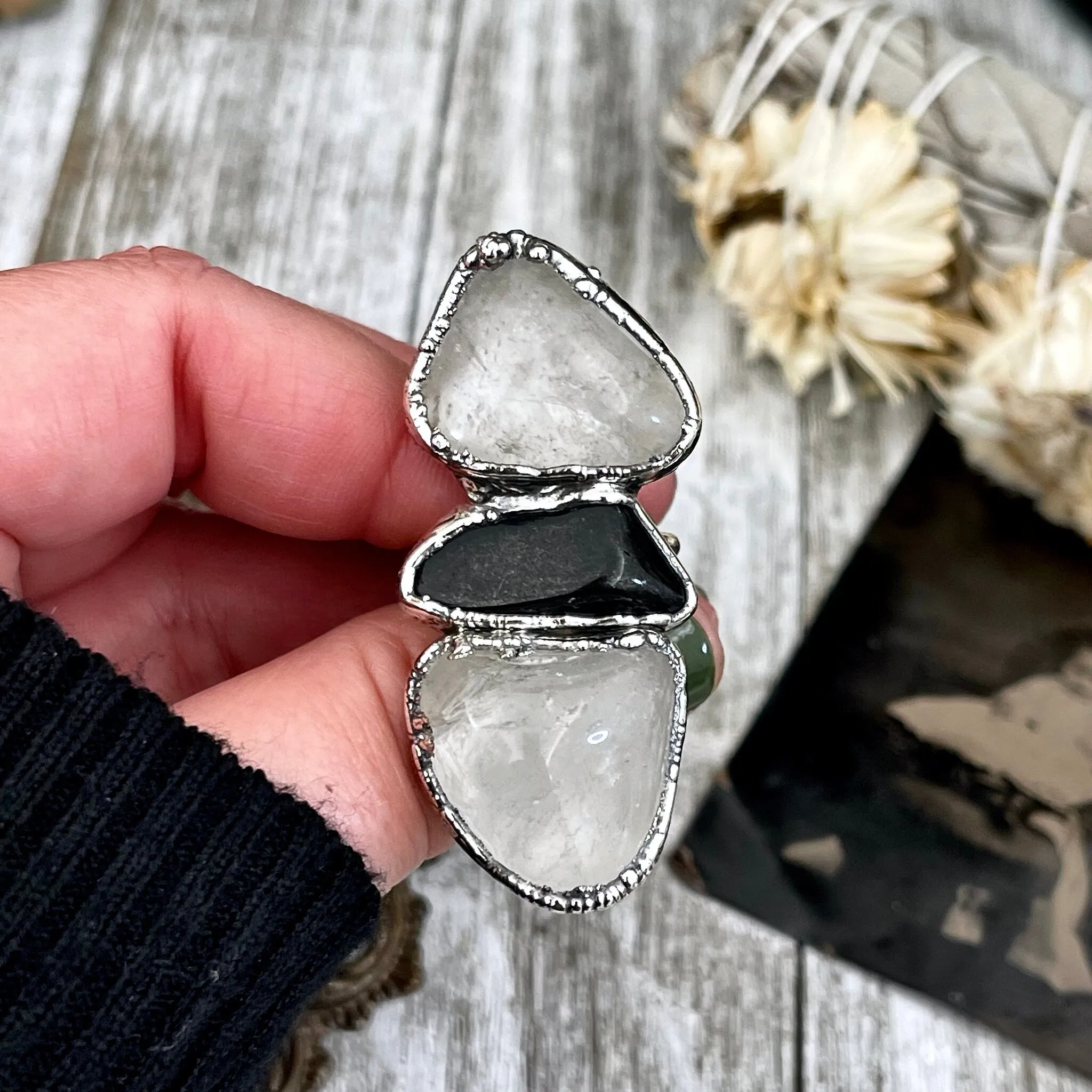 Size 8.5 Crystal Ring - Three Stone Black Onyx Clear Quartz Ring in Silver / Foxlark Collection - One of a Kind