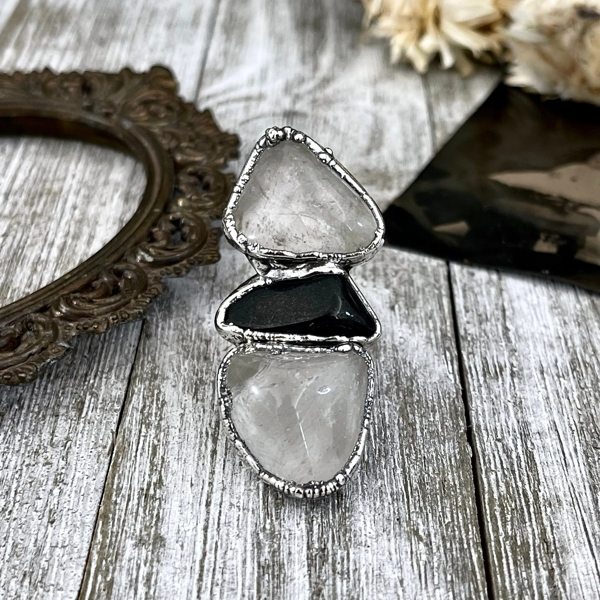 Size 8.5 Crystal Ring - Three Stone Black Onyx Clear Quartz Ring in Silver / Foxlark Collection - One of a Kind