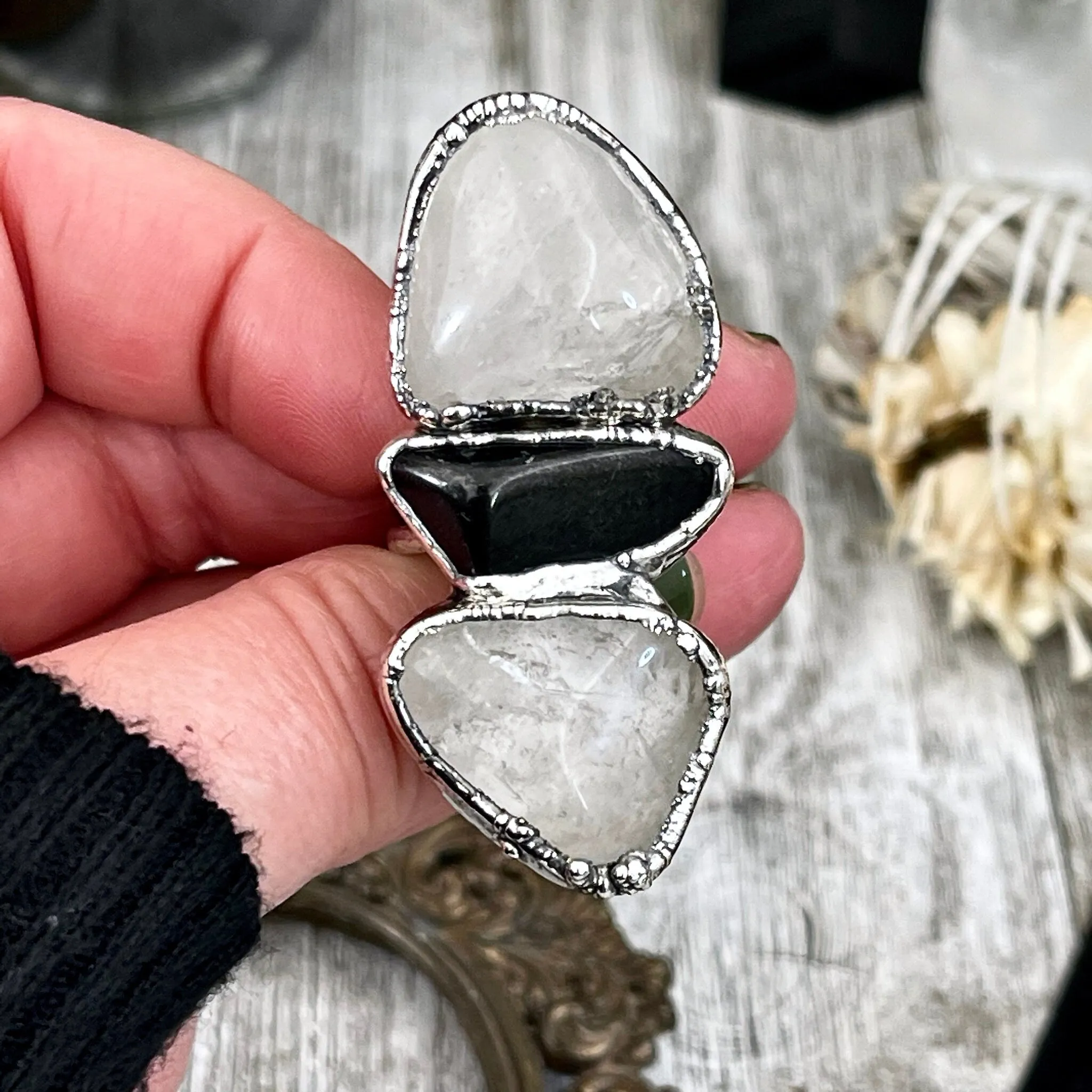 Size 8.5 Crystal Ring - Three Stone Black Onyx Clear Quartz Ring in Silver / Foxlark Collection - One of a Kind