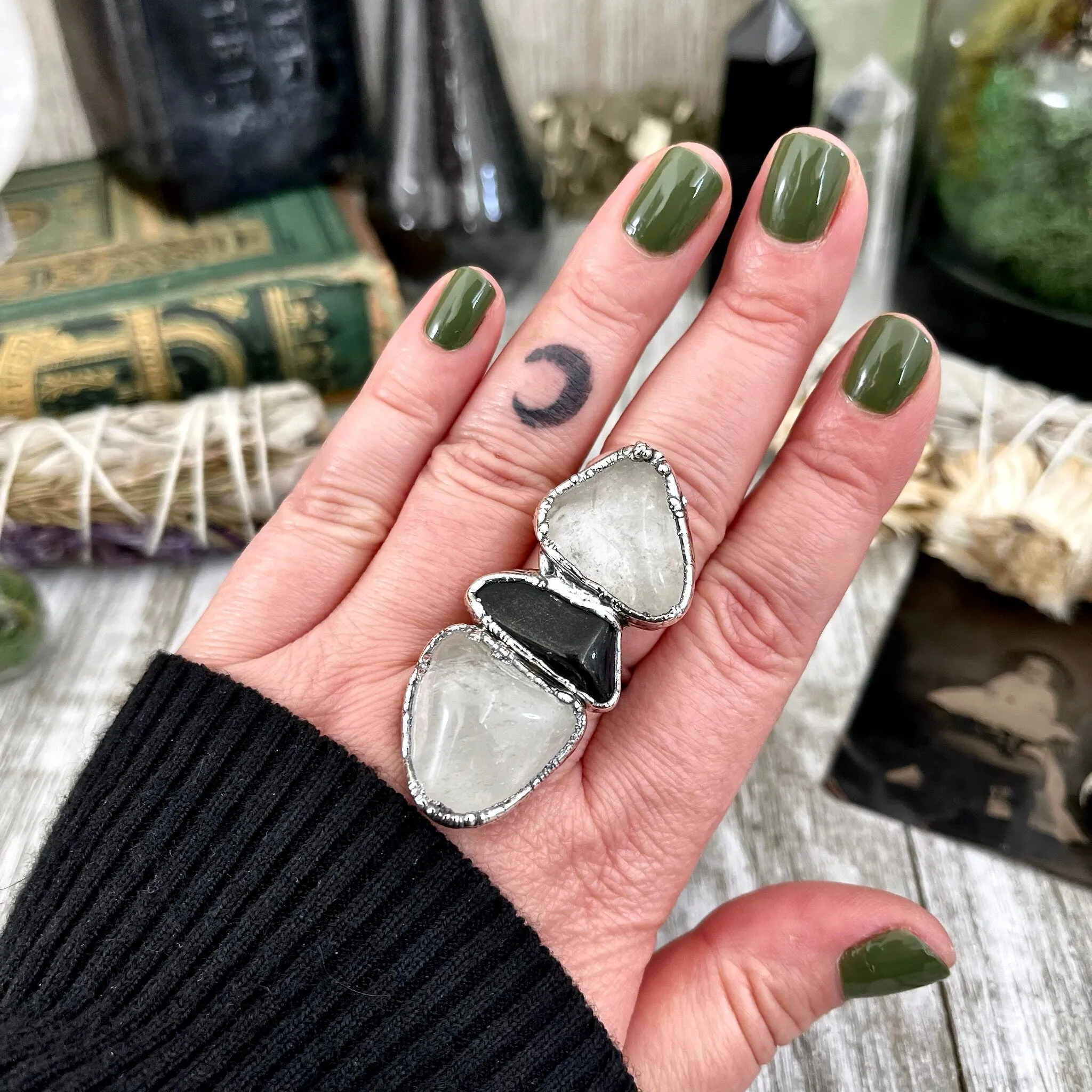 Size 8.5 Crystal Ring - Three Stone Black Onyx Clear Quartz Ring in Silver / Foxlark Collection - One of a Kind