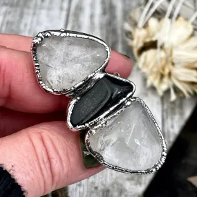 Size 8.5 Crystal Ring - Three Stone Black Onyx Clear Quartz Ring in Silver / Foxlark Collection - One of a Kind