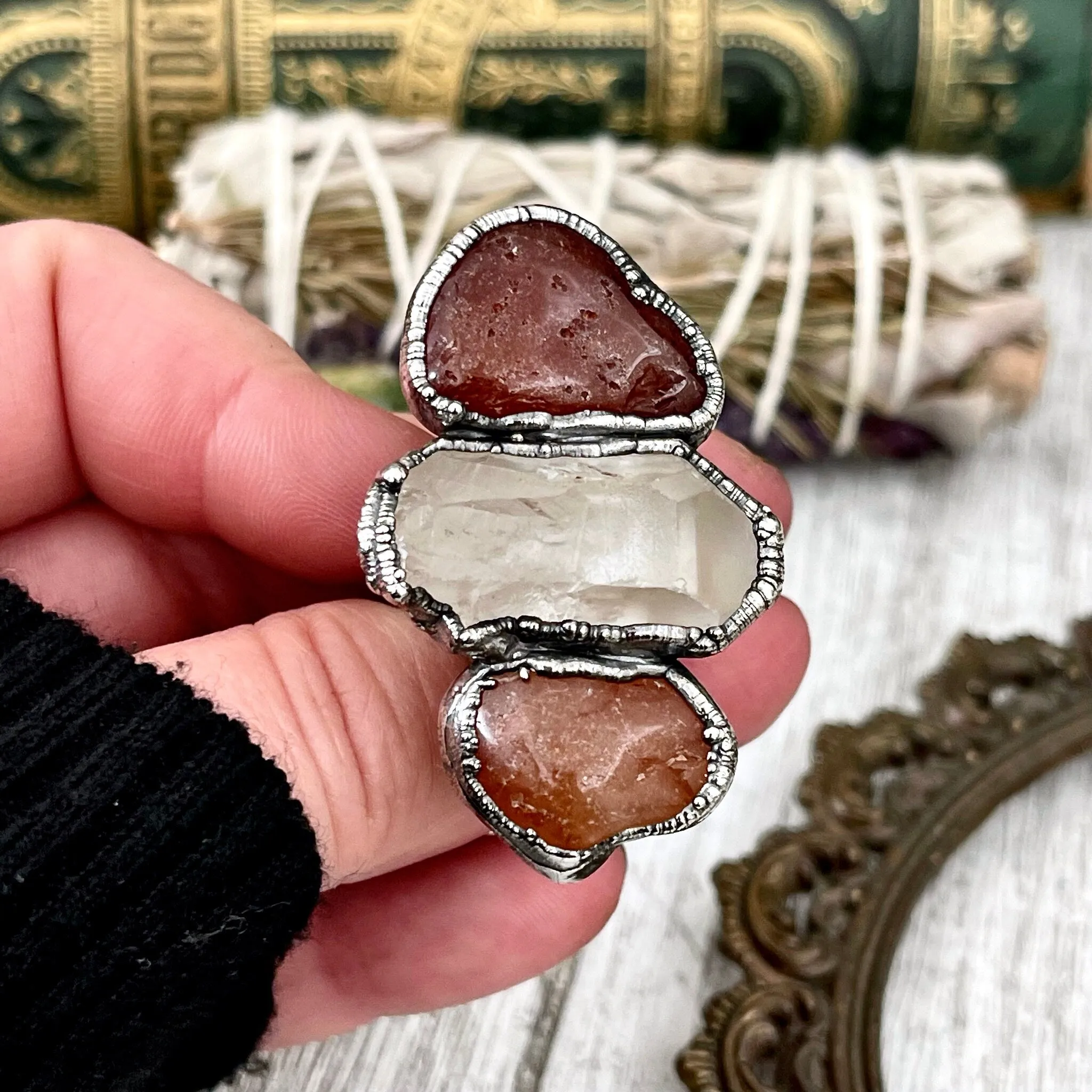 Size 8.5 Crystal Ring - Three Stone Ring Red Carnelian Clear Quartz Silver Ring / Foxlark Collection - One of a Kind