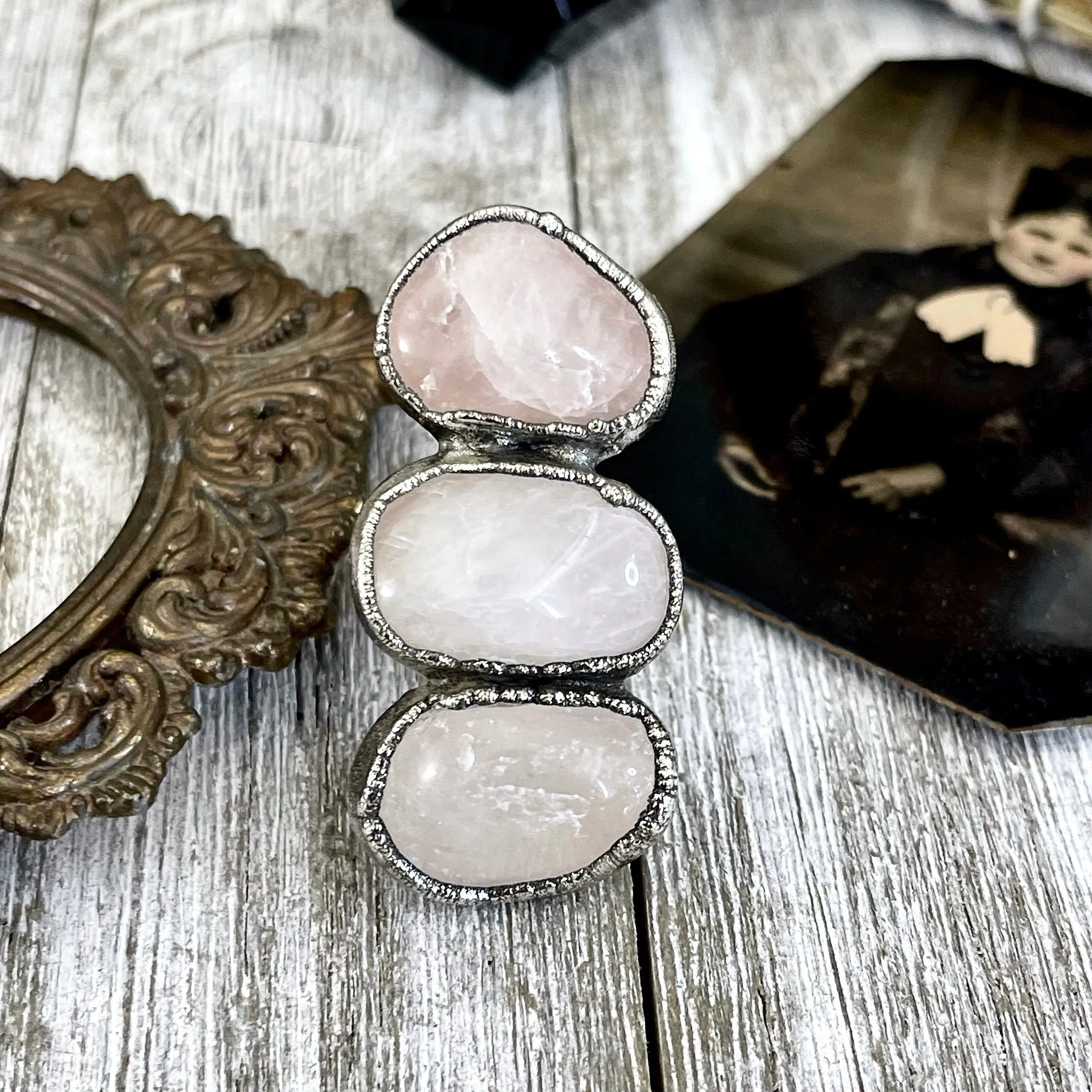 Size 9.5 Crystal Ring - Three Stone Pink Rose Quartz Ring in Silver / Foxlark Collection - One of a Kind