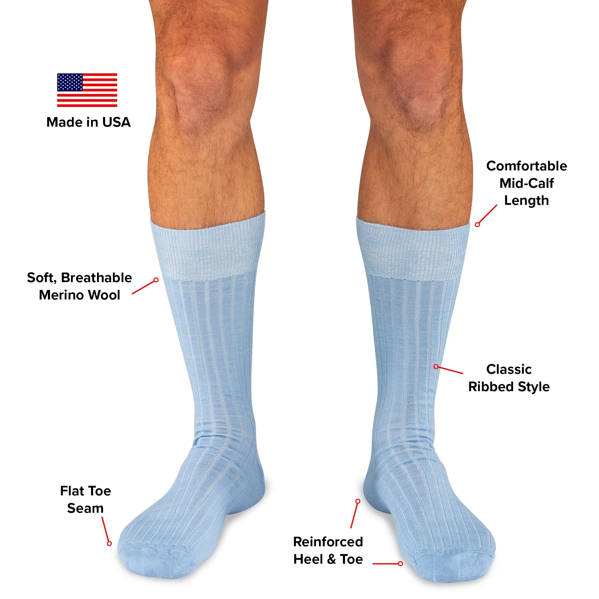 Sky Blue Merino Wool Mid Calf Dress Socks