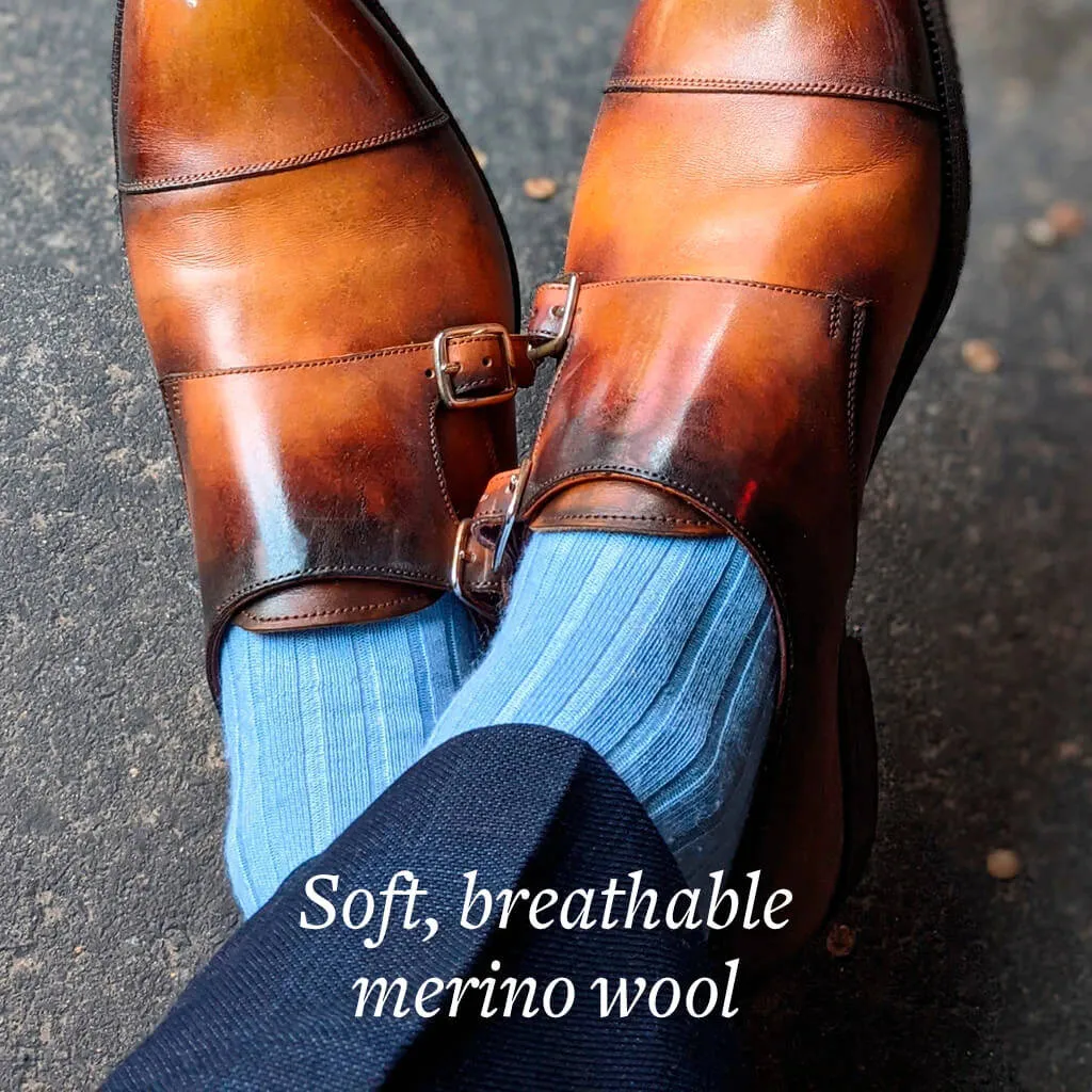 Sky Blue Merino Wool Mid Calf Dress Socks