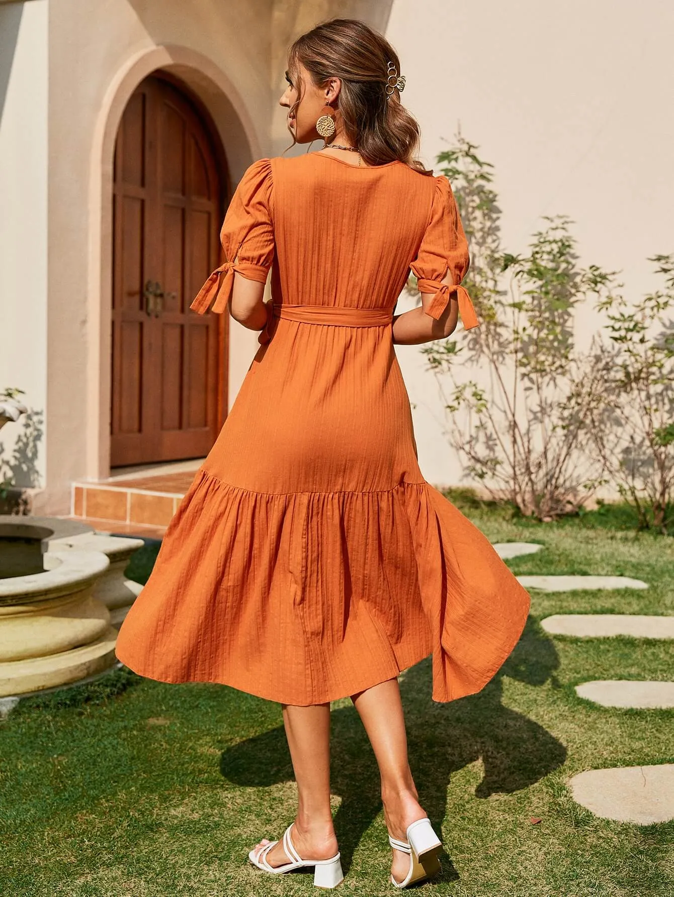 Sorrento Orange Ruffle Summer Midi Dress