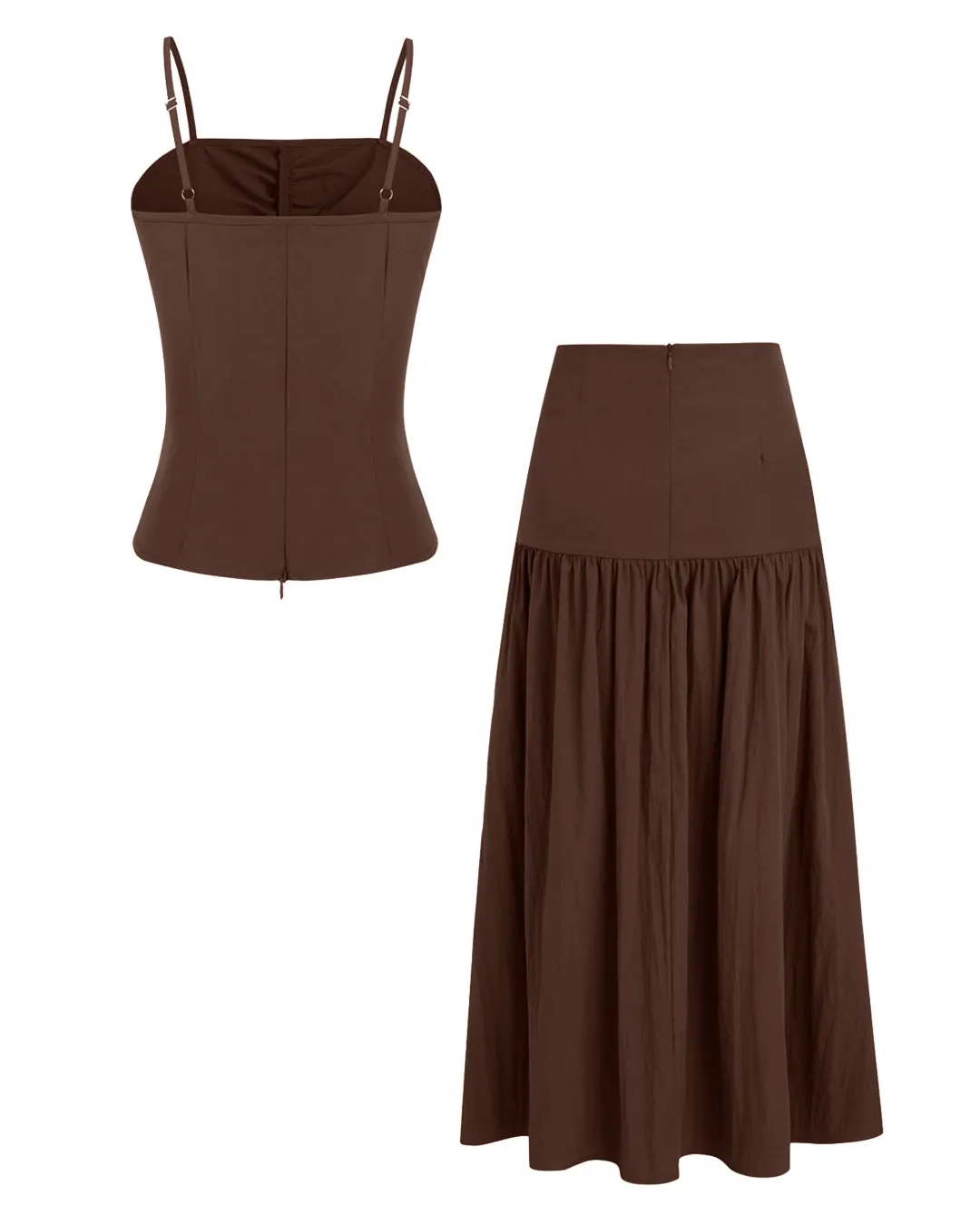 Square Neck Solid Lettuce Trim Cami Top & Mid Rise Solid Ruched Maxi Skirt In Chocolate Brown