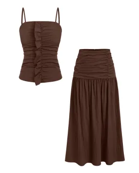 Square Neck Solid Lettuce Trim Cami Top & Mid Rise Solid Ruched Maxi Skirt In Chocolate Brown