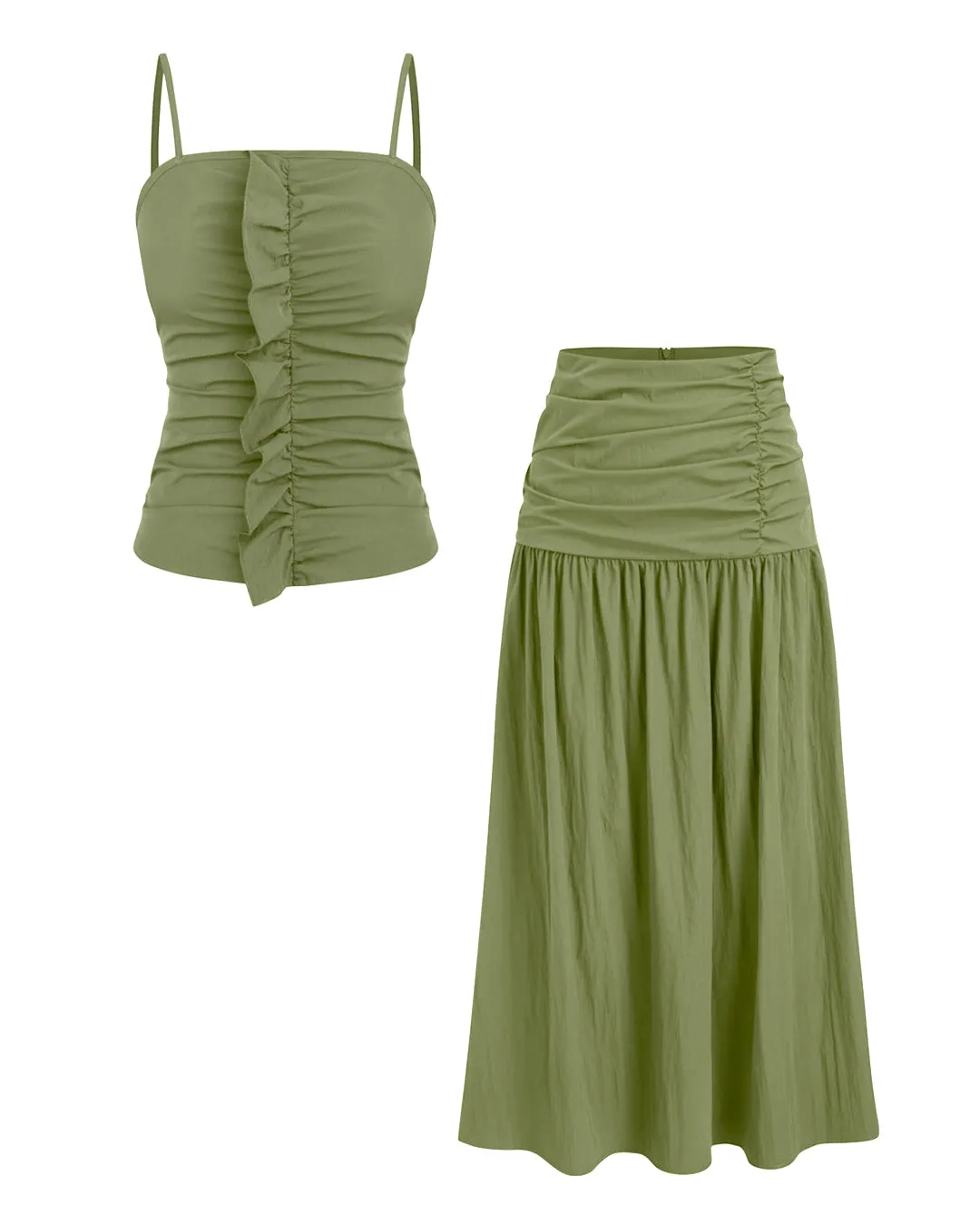 Square Neck Solid Lettuce Trim Cami Top & Mid Rise Solid Ruched Maxi Skirt In Herbal Green