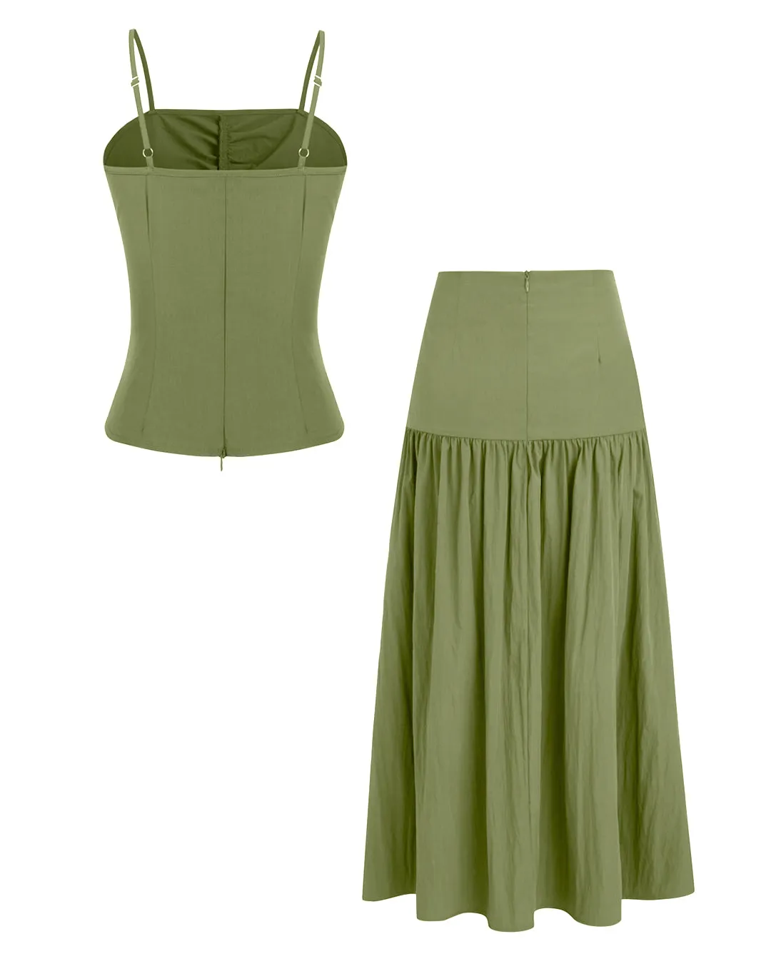 Square Neck Solid Lettuce Trim Cami Top & Mid Rise Solid Ruched Maxi Skirt In Herbal Green