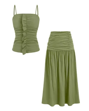 Square Neck Solid Lettuce Trim Cami Top & Mid Rise Solid Ruched Maxi Skirt In Herbal Green