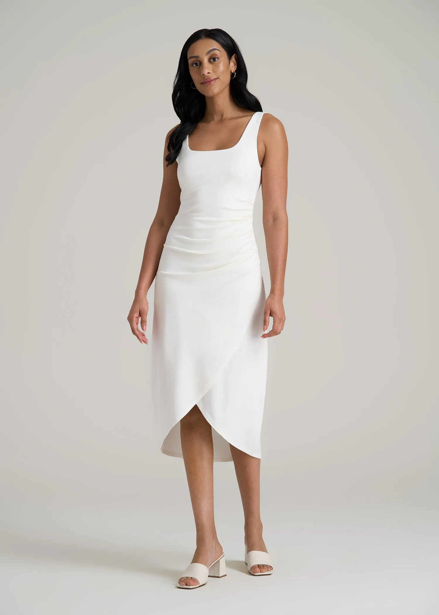 Squareneck Ruched Jersey Dress for Tall Women in White Alyssum