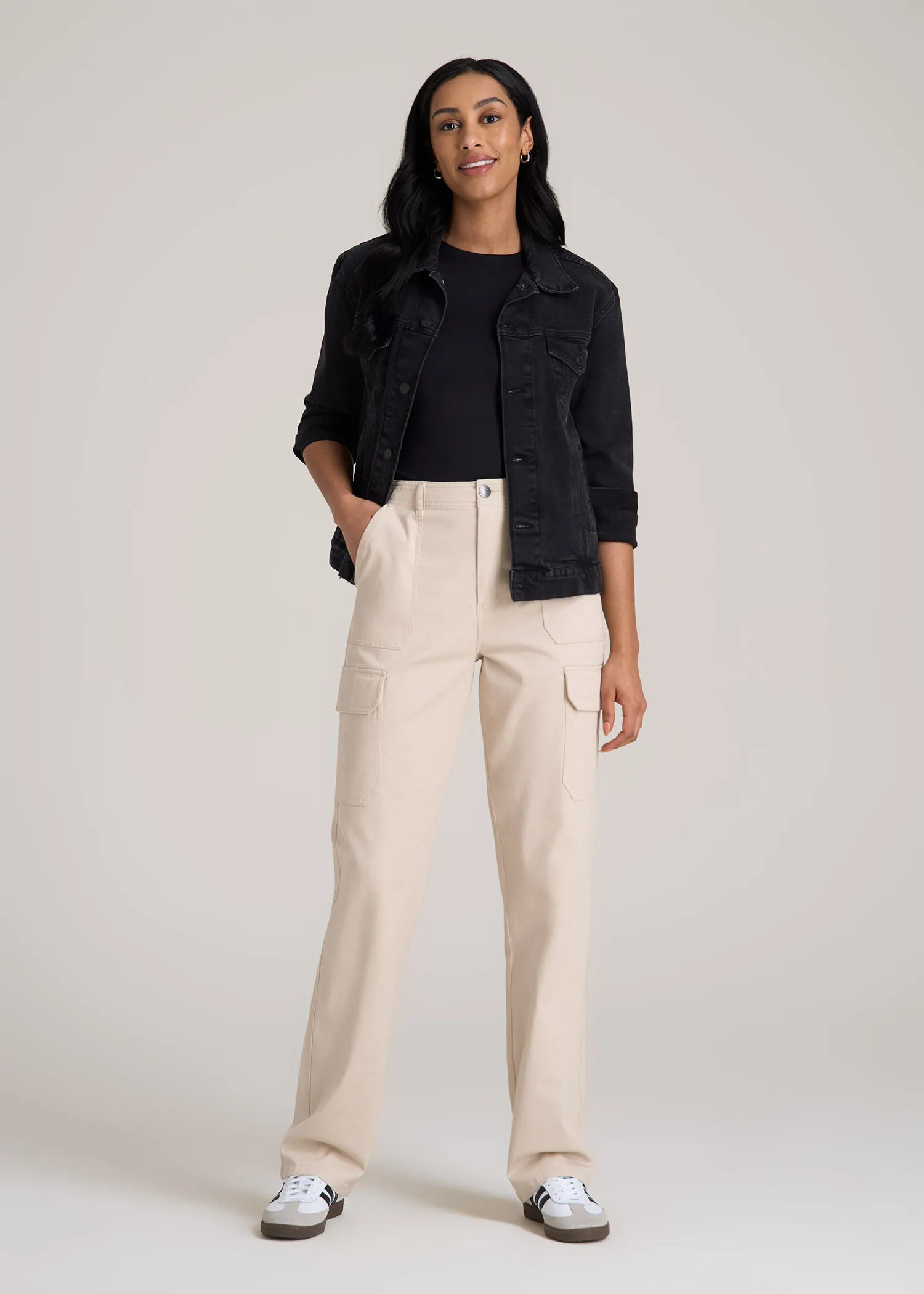 Straight Leg Cargo Chino Pants for Tall Women in Soft Beige