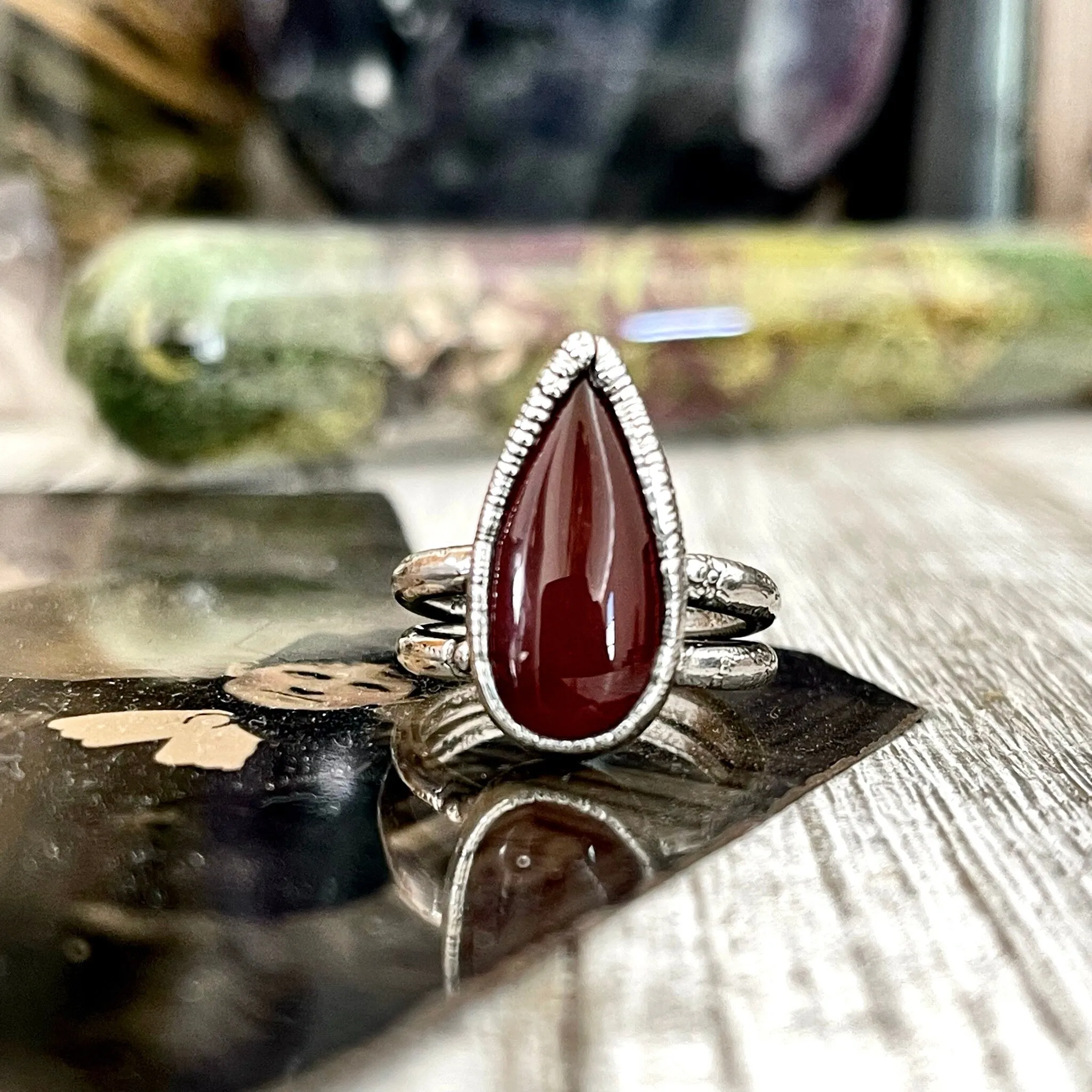 Teardrop Red Carnelian Ring Fine Silver Size 6 7 / Foxlark Collection