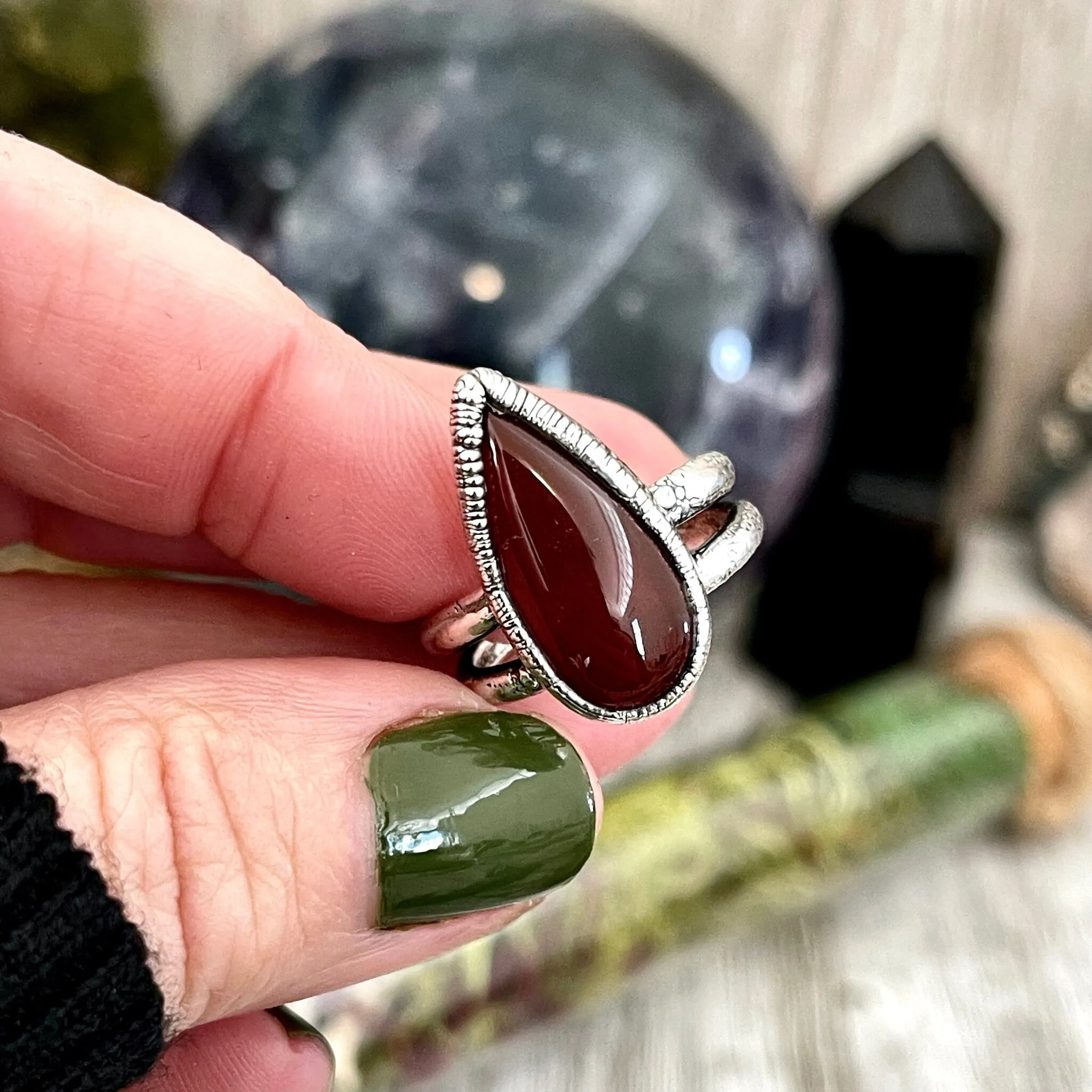 Teardrop Red Carnelian Ring Fine Silver Size 6 7 / Foxlark Collection