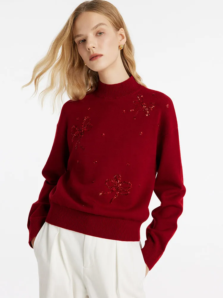 Tencel Wool Blend Mock Neck Sequins Women Sweater